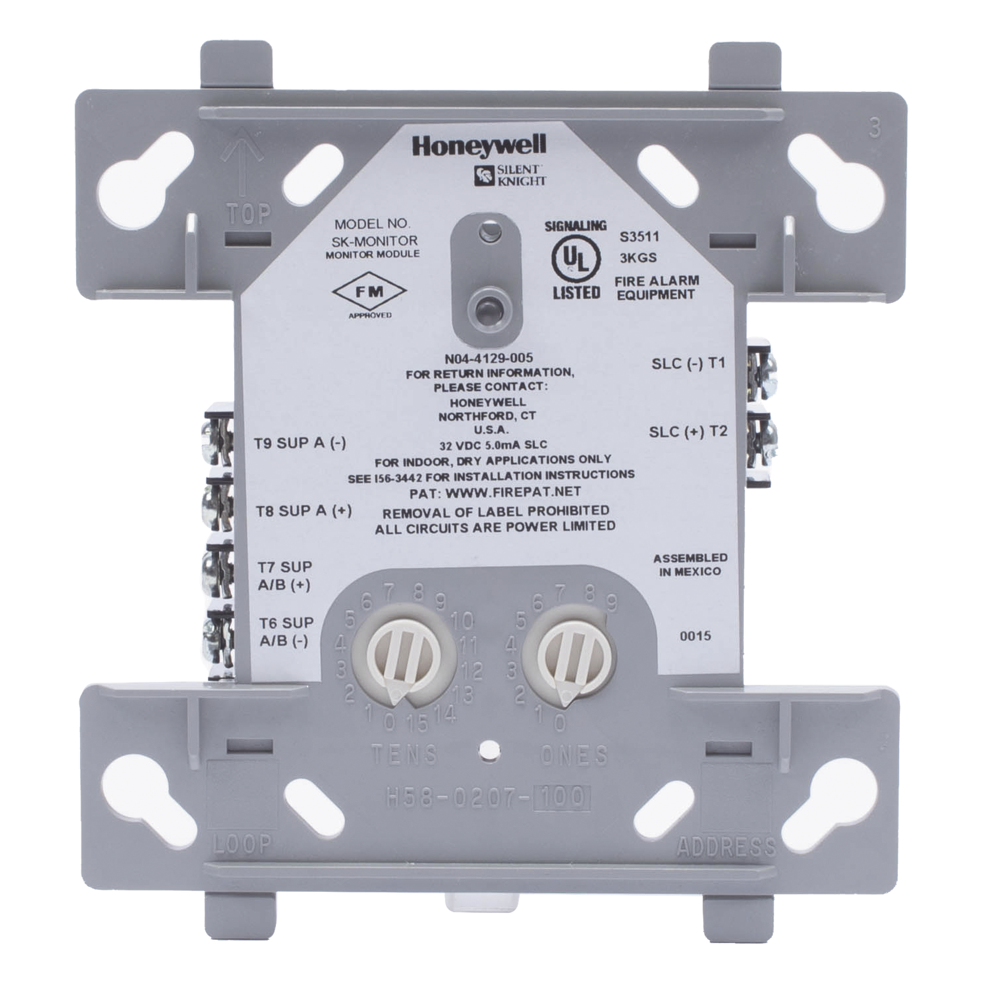 Módulo de entrada convencional / SLC de 2 hilos / LED de estado y alarma / Clase A y B / Direccionamiento por rotación — SILENT KNIGHT BY HONEYWELL · SKU SKMONITOR