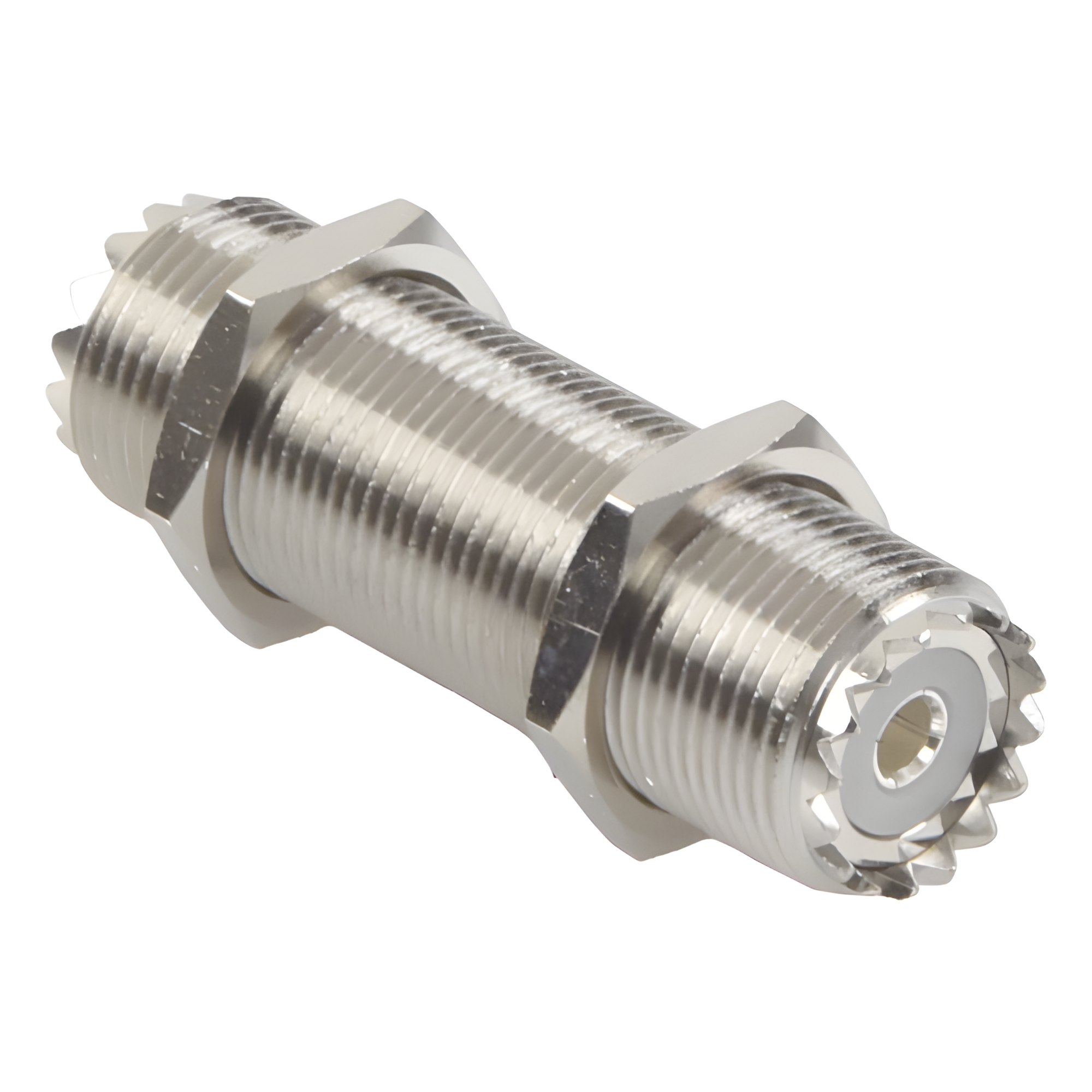 Adaptador Pasamuros / Doble UHF Hembra SO-239 / Montaje Chasis / Cuerpo Niquelado / Contacto Plateado — RF INDUSTRIES,LTD · SKU RFU-537