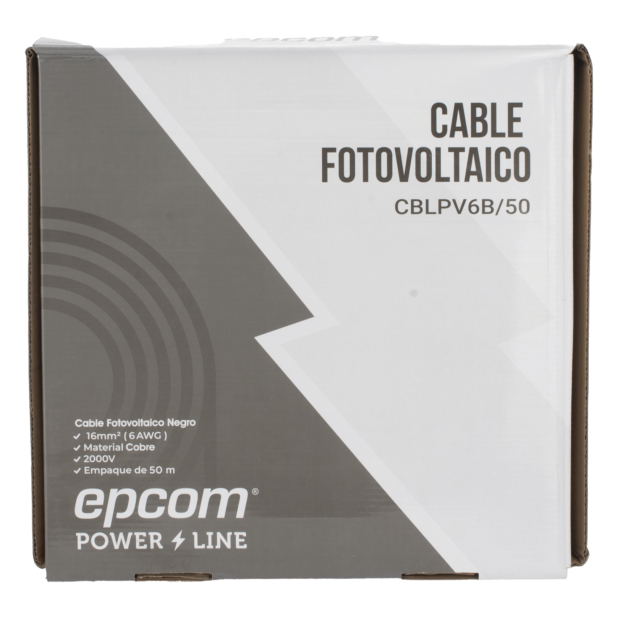 Cable Fotovoltaico / 16 mm² (6 AWG) / Cobre 106 Hilos / 2000 V DC / Rango -40°C a 120°C / Resistencia UV y Ozono / Rollo 50 m (164 ft) — EPCOM POWERLINE · SKU CBLPV6B/50