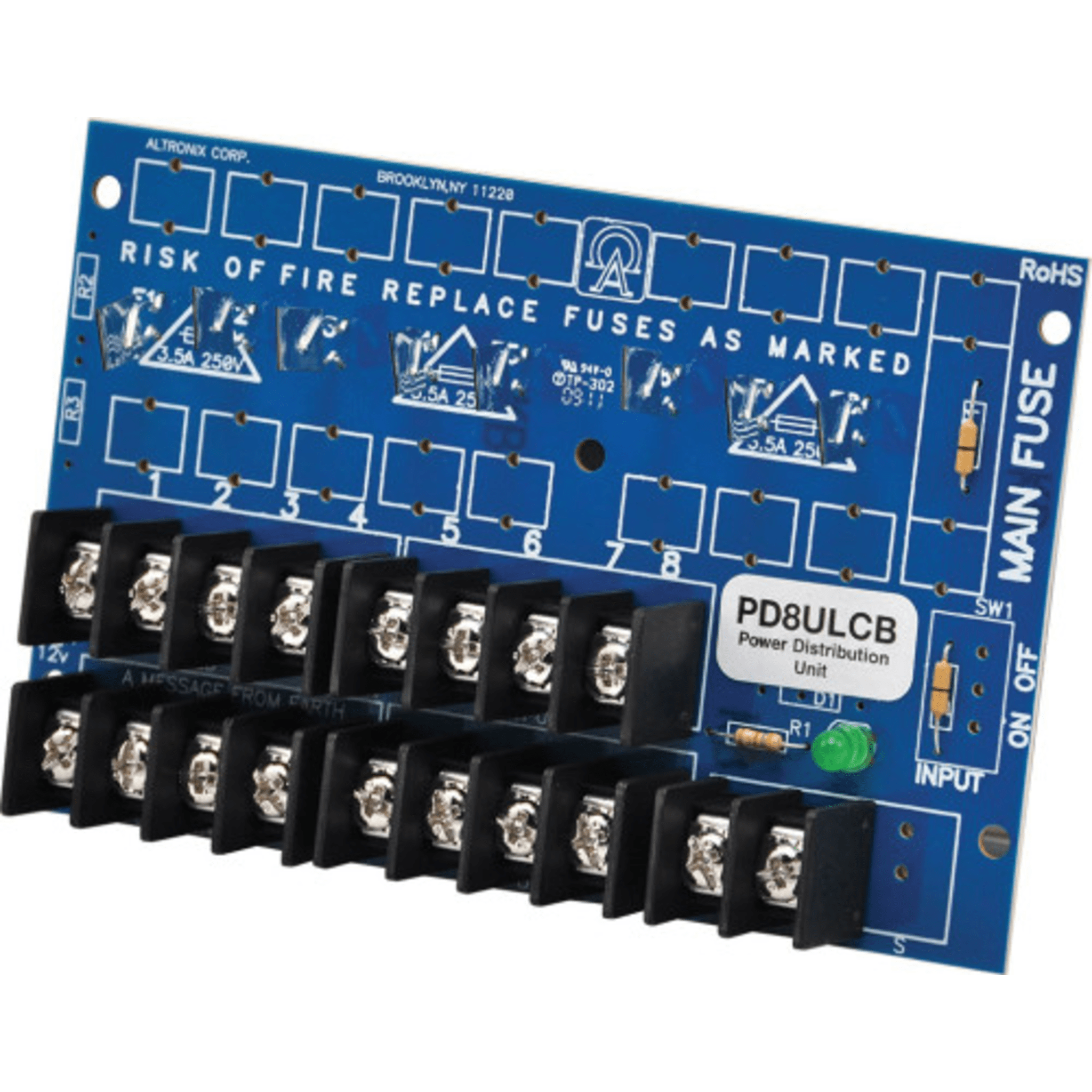 Módulo de Distribución de Energía / 8 Salidas Clase 2 / Protección PTC 2A Auto-rearmable / Entrada Dual AC/DC / Certificado UL — ALTRONIX · SKU PD8ULCB