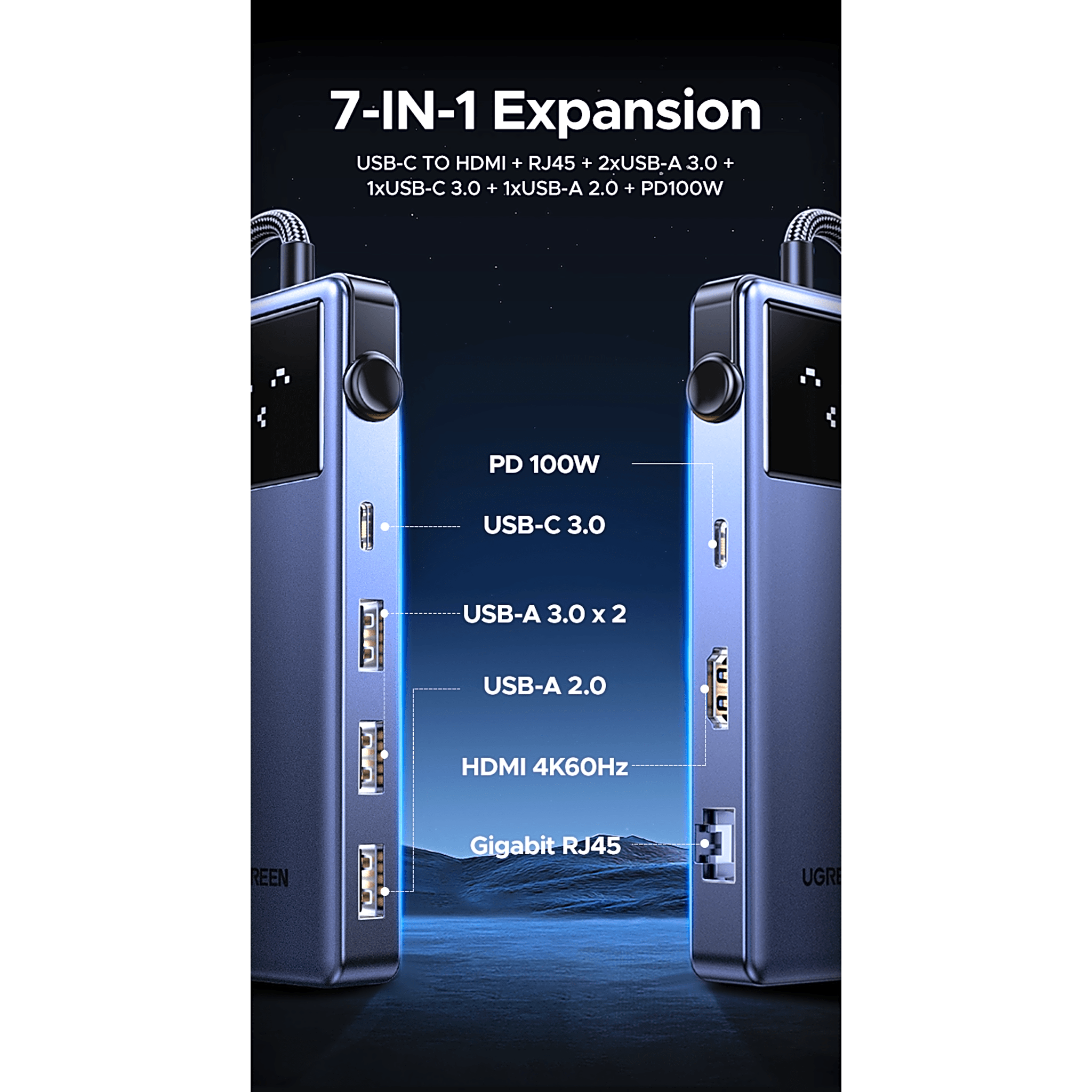 Hub USB-C 7 en 1 / USB-C a HDMI 4K 60Hz / 2x USB-A 3.0 + USB-C 3.0 + USB-A 2.0 / Gigabit Ethernet / PD 100W / Cable 20 cm (7.9 in)