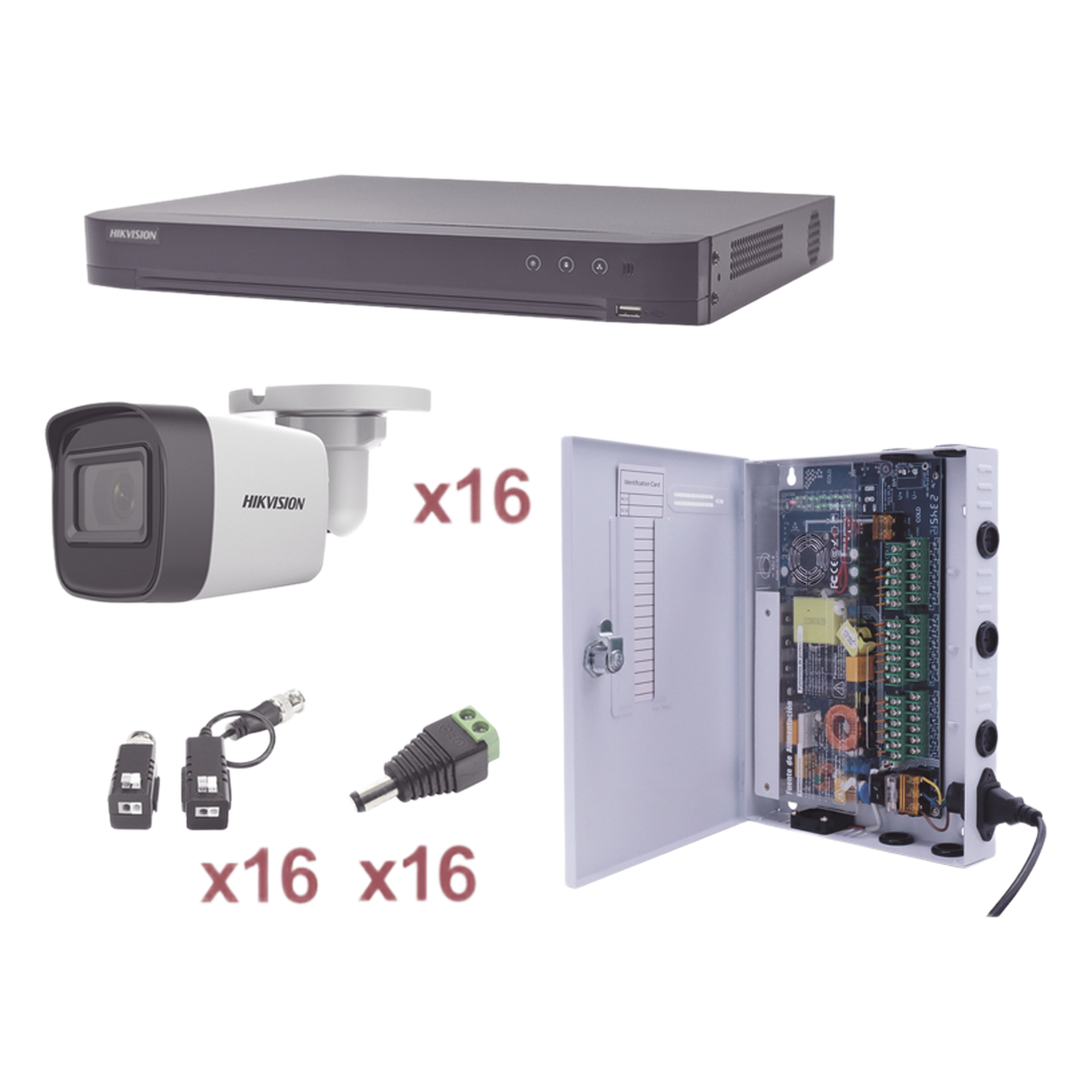 Kit TurboHD / 16 Canales / 1080p / 16 Cámaras Bala / IR 30 m (98.4 ft) / Transceptores UTP / Fuente Profesional — HIKVISION · SKU KH1080P16BW