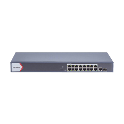 Switch Gigabit PoE+ / Monitoreable / 16 Puertos 1000 Mbps PoE+ / 1 Puerto 1000 Mbps de Uplink / 1 Puerto SFP /  Configuración Nube desde Hik-PartnerPro / Modo Extendido hasta 300 Metros / 130 Watts