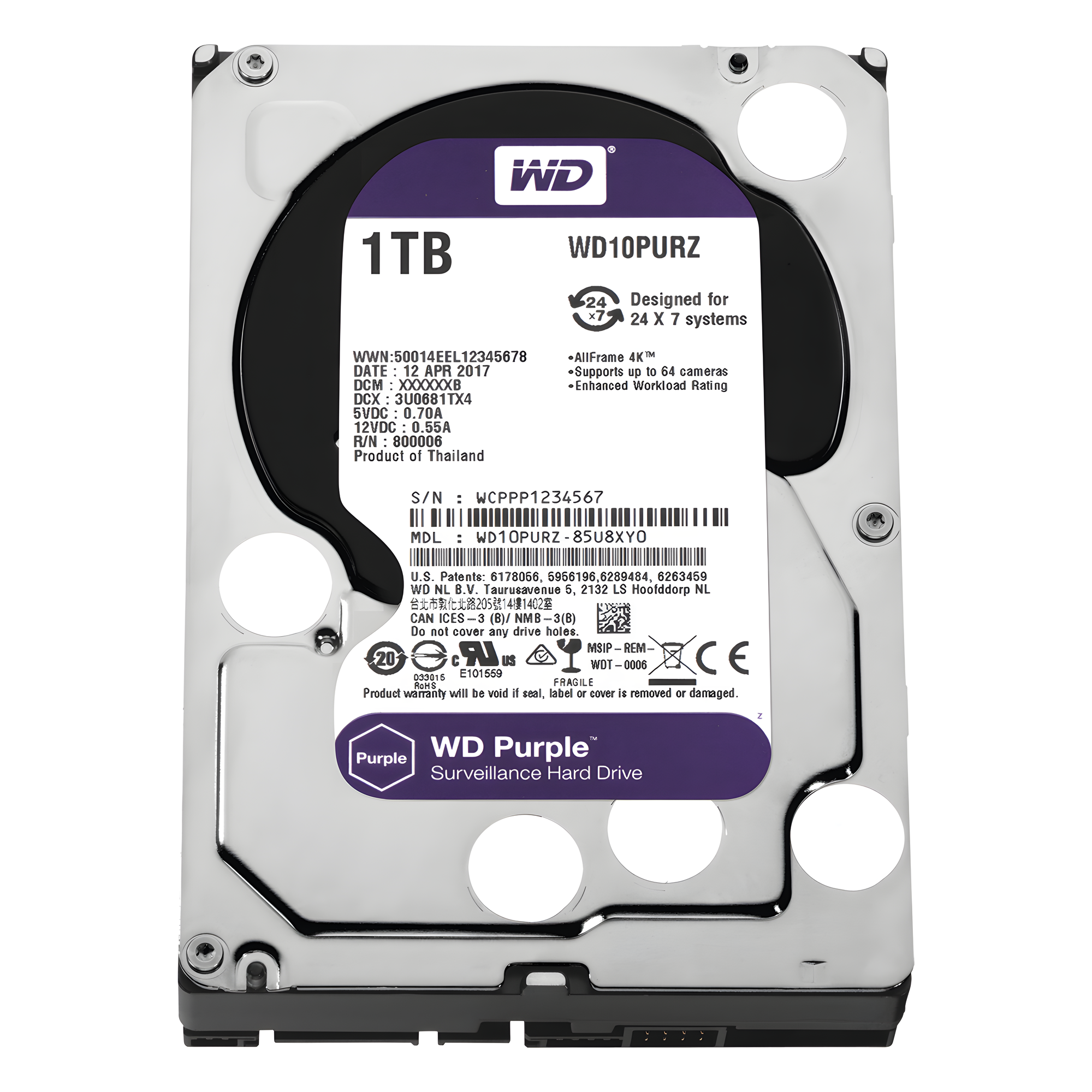 Disco Duro Purple de 1 TB / 5400 RPM / Optimizado para Soluciones de Videovigilancia / Uso 24-7 / 3 Años de Garantia