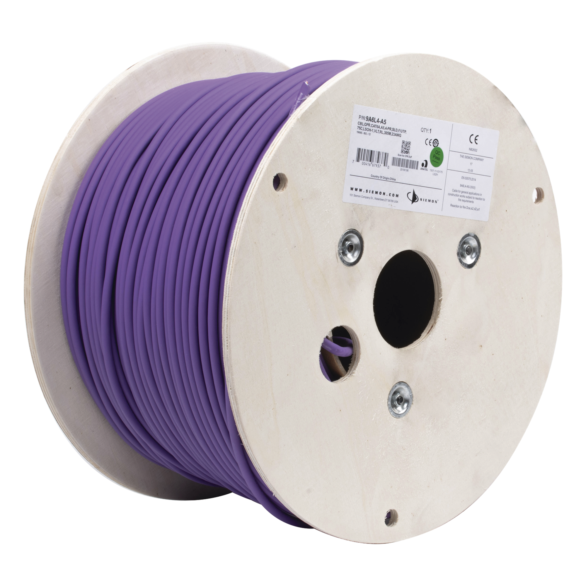 Bobina de Cable Blindado F/UTP / Cat6A / 10GBase-T / 305 m (1000 ft) / LS0H / 500 MHz / 23 AWG — SIEMON · SKU 9A6L4-A5