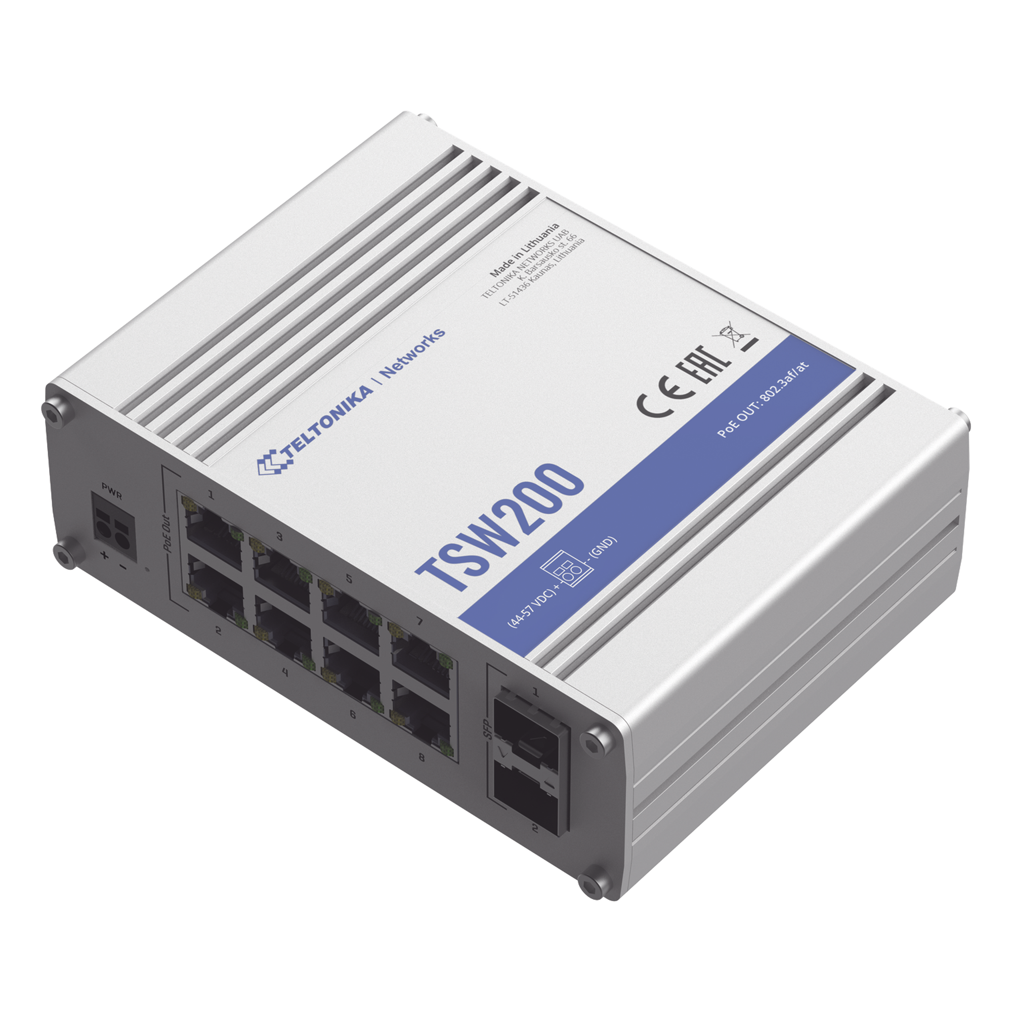 Switch Industrial No-Administrable / 8 Puertos Gigabit PoE+ 30W / 2 Puertos SFP / -40 a 75°C / Aluminio — TELTONIKA · SKU TSW200