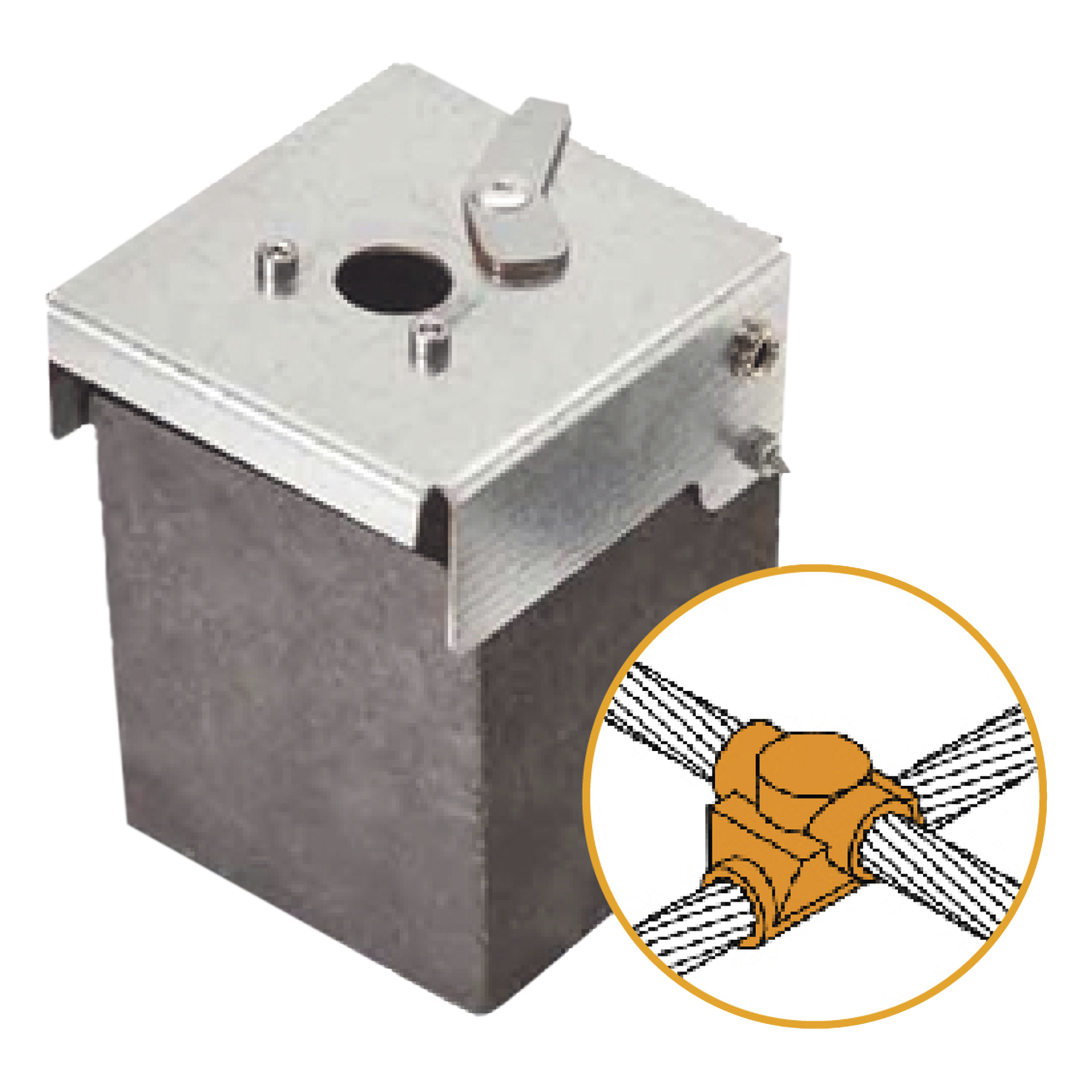 Molde de Grafito Horizontal Unión en Cruz / Cable 2/0 AWG (70 mm²) / 50 Soldaduras / Acero Electrogalvanizado / Normativa IEC 62305 — APLICACIONES TECNOLOGICAS · SKU AT-W20/W20/XS