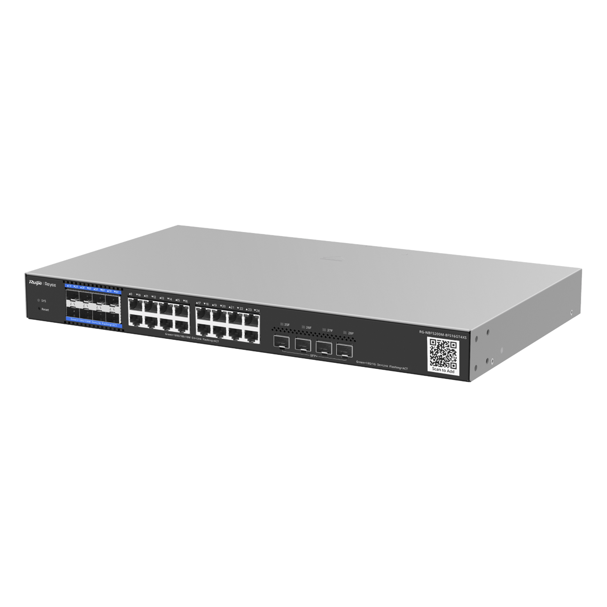 OLT Switch Híbrido Capa 3 / 8 PON 1G / 16 Ethernet 1G / 4 SFP+ 10G / 256 ONUs / 1U Rack / 17.32 x 10.24 x 1.72 in — RUIJIE · SKU RG-NBF5200M-8FS16GT4XS