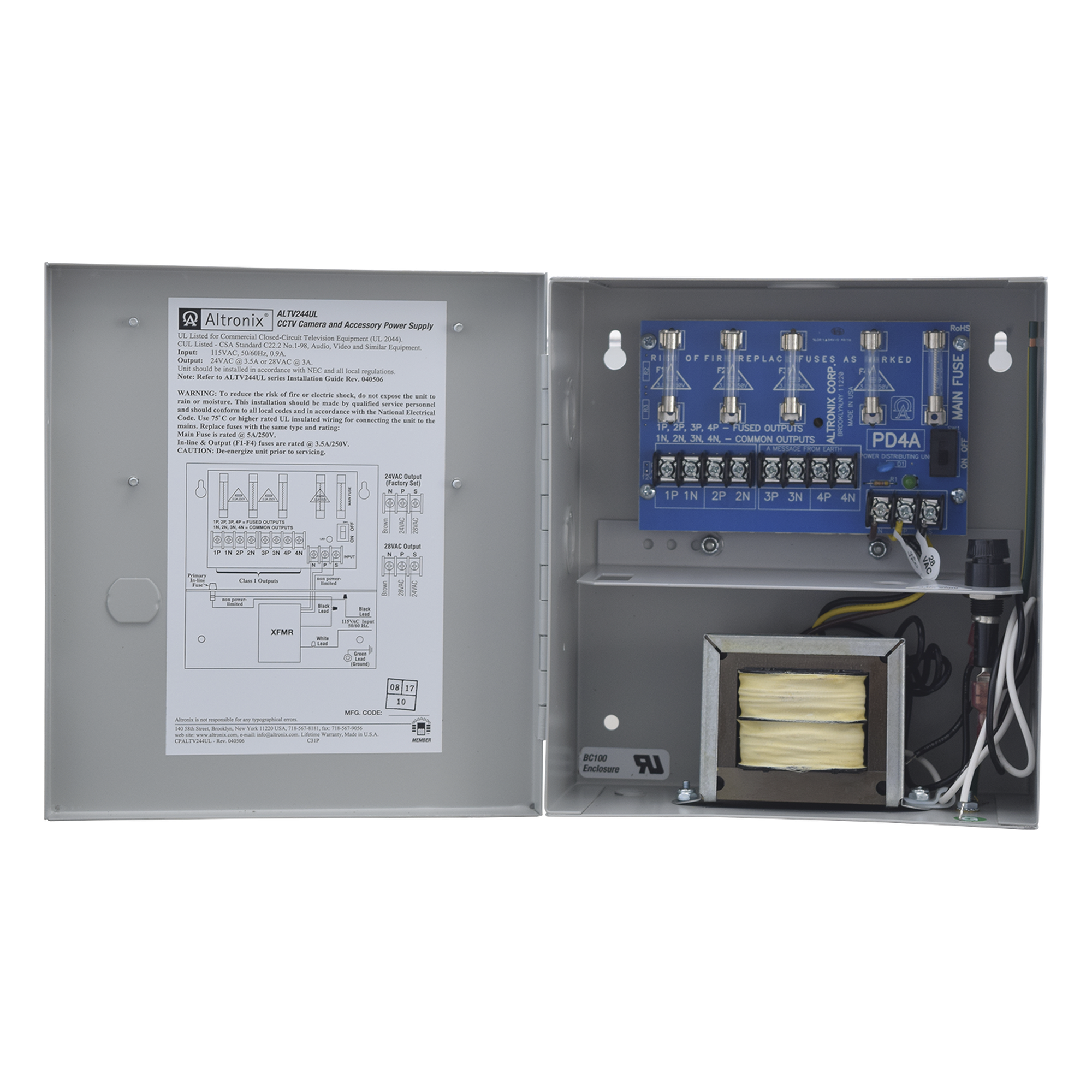 Fuente de Poder CCTV / 4 Salidas / 24 Vca @ 3.5 A o 28 Vca @ 3 A / 115 Vca / NEMA 1 — ALTRONIX · SKU AL-TV244-UL