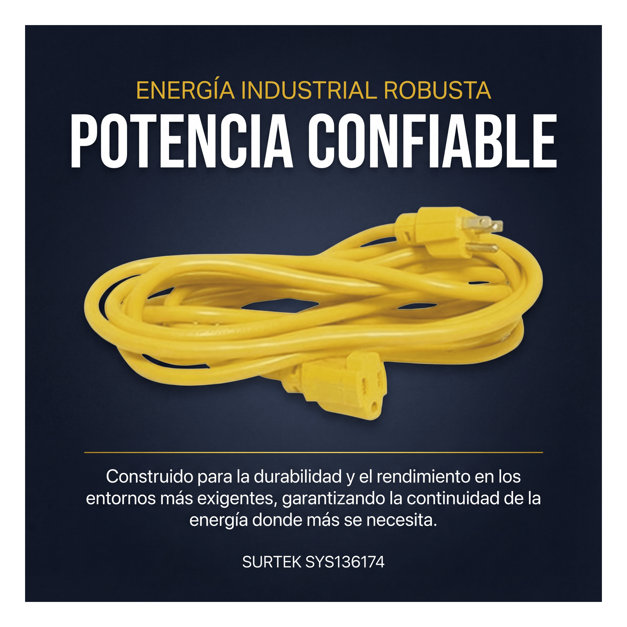 Extensión Eléctrica de Uso Rudo Aterrizada 15 metros / 127 V CA 10 A Máximo / Color Amarillo.