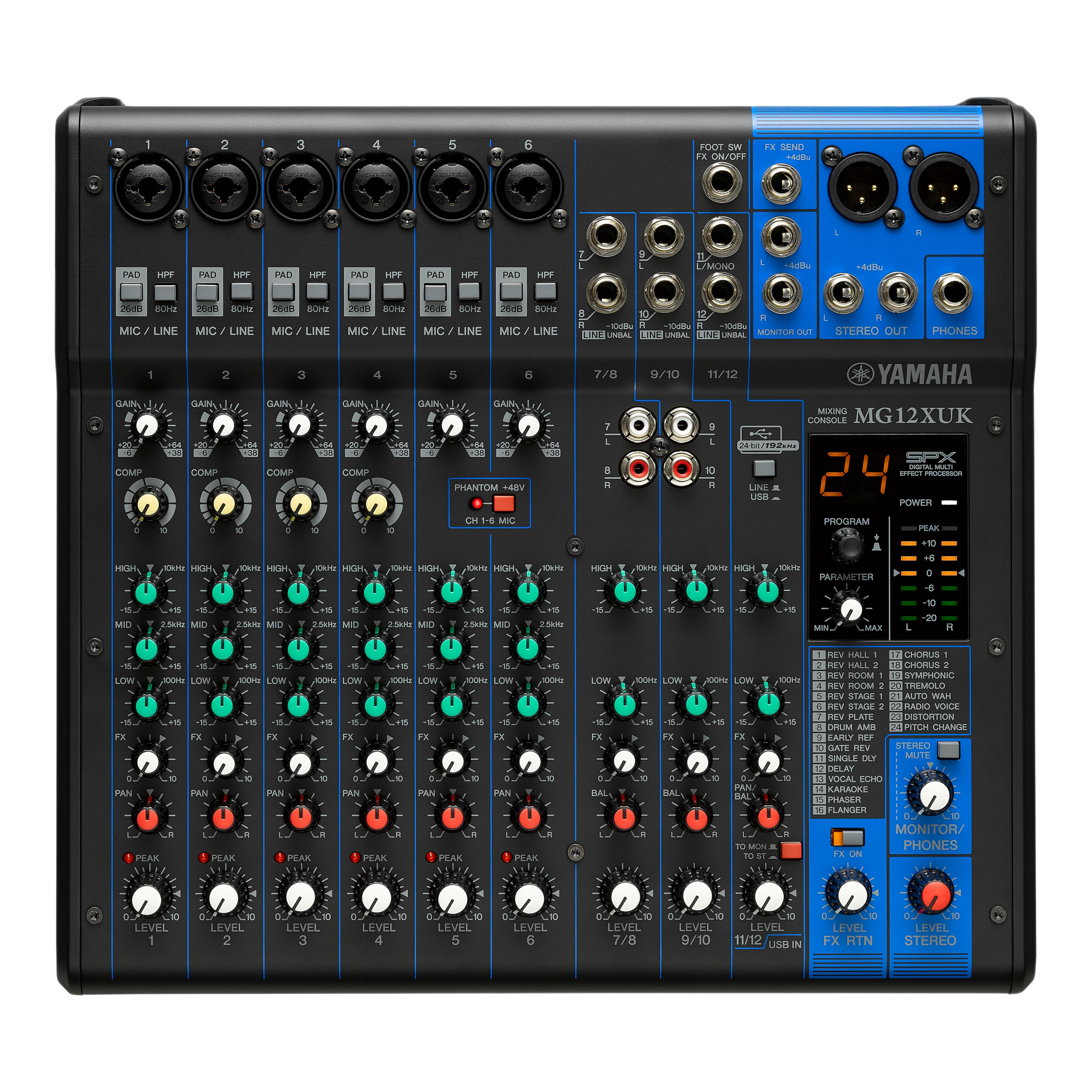 Mezcladora de Audio Analógica / 12 Canales / 6 Entradas Micrófono-Línea / 2 Entradas Estéreo / Efectos Integrados / USB / Phantom +48V
