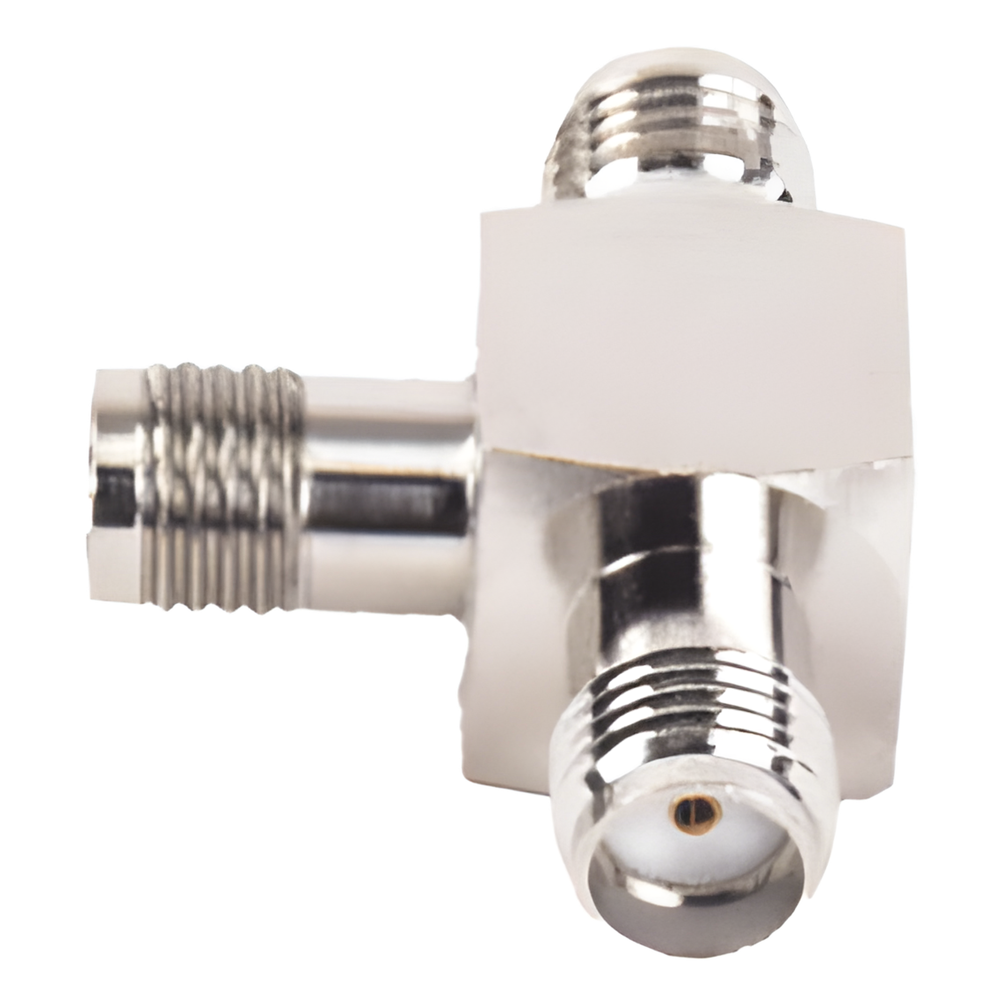 Adaptador RF en T / Triple Conector SMA Hembra / Frecuencia 18 GHz / Cuerpo Bronce Niquelado / Aislante Teflón