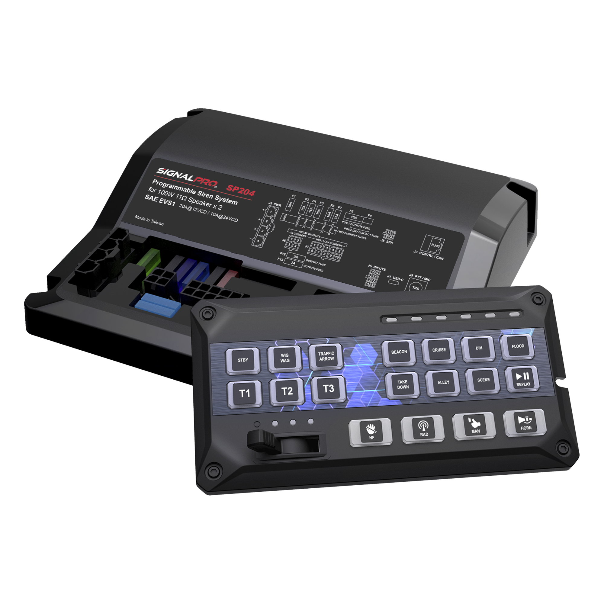 Sirena Vehicular / Amplificador Clase D 200W / Controlador Deslizante 19 Botones / 12 Salidas Auxiliares / Grabación 20 Segundos — SIGNALPRO · SKU SP204R