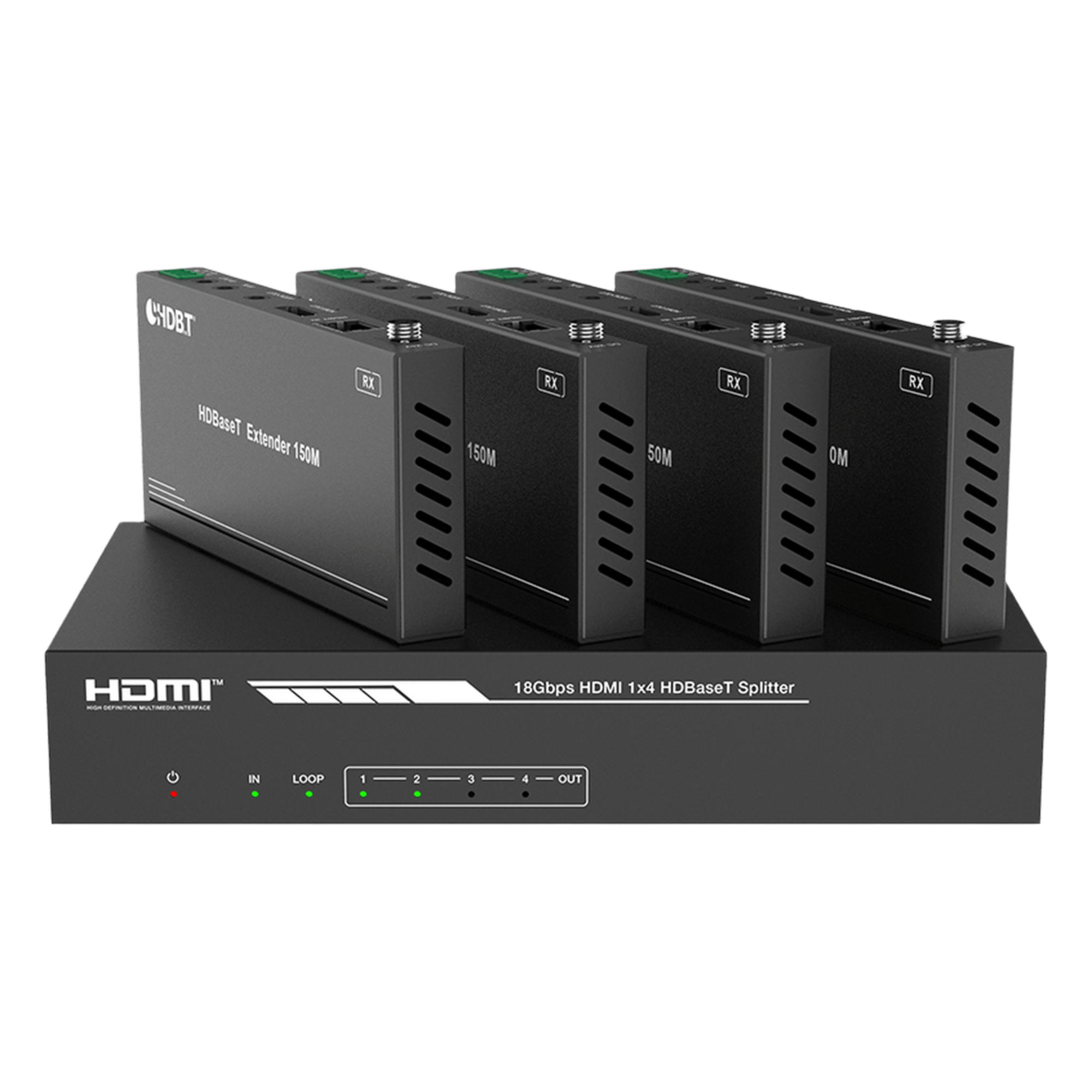 Splitter HDMI HDBaseT / 1x4 Distribución / 4K@60Hz 4:4:4 / Alcance 120 m (393.7 ft) en 4K / 150 m (492.1 ft) en 1080p / PoC / Audio Extraíble / EDID Avanzado / IR y RS232 — EPCOM PROAUDIO · SKU EPP-SPB14H150