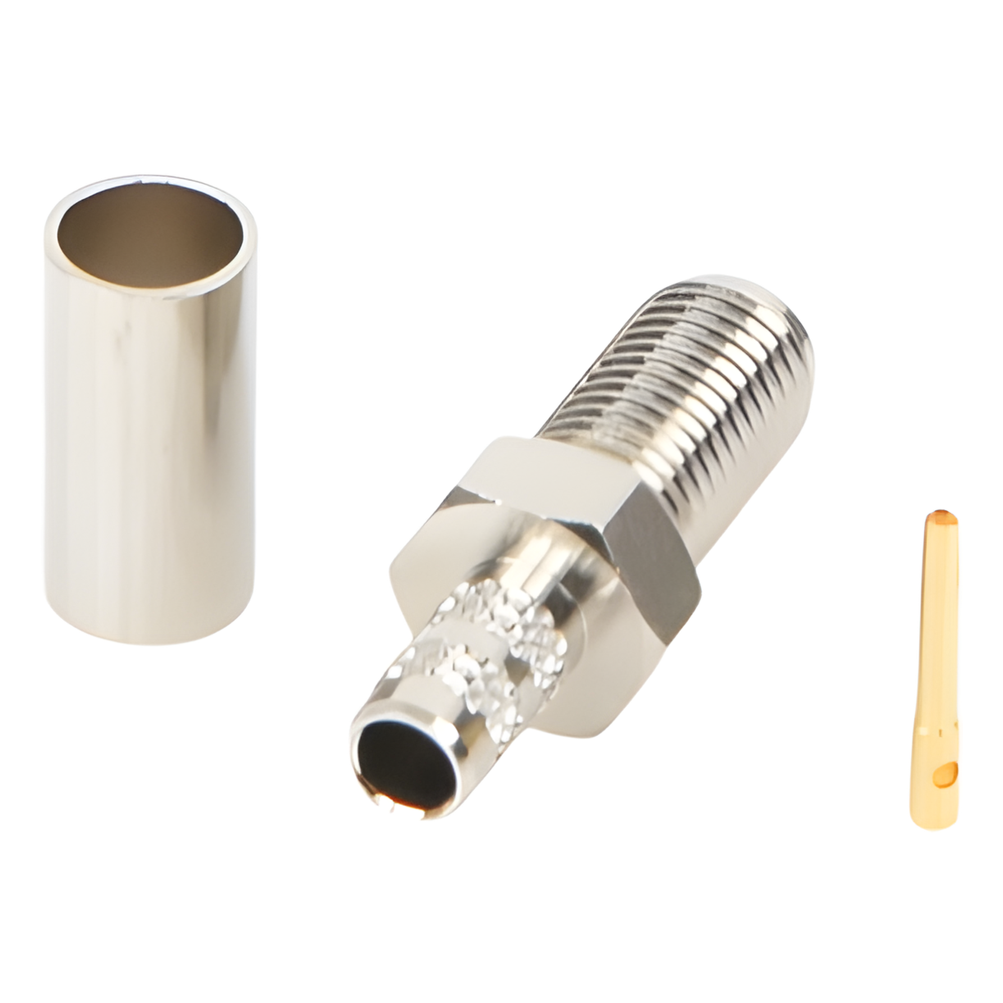 Conector Coaxial SMA Hembra / Anillo Plegable / Para Cable RG-58/U / Cuerpo Bronce Niquelado / Contacto Oro / Aislante Teflón
