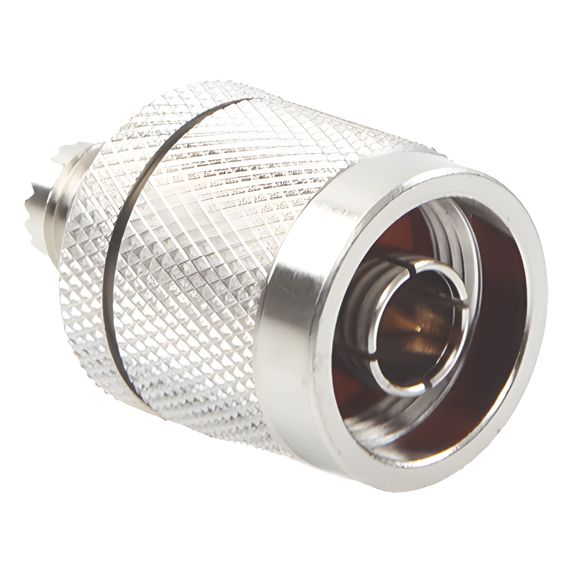 Adaptador Coaxial en Línea / Mini UHF Hembra a N Macho / Cuerpo Bronce Niquelado / Contacto Oro / Aislante Teflón — RF INDUSTRIES,LTD · SKU RFU-625