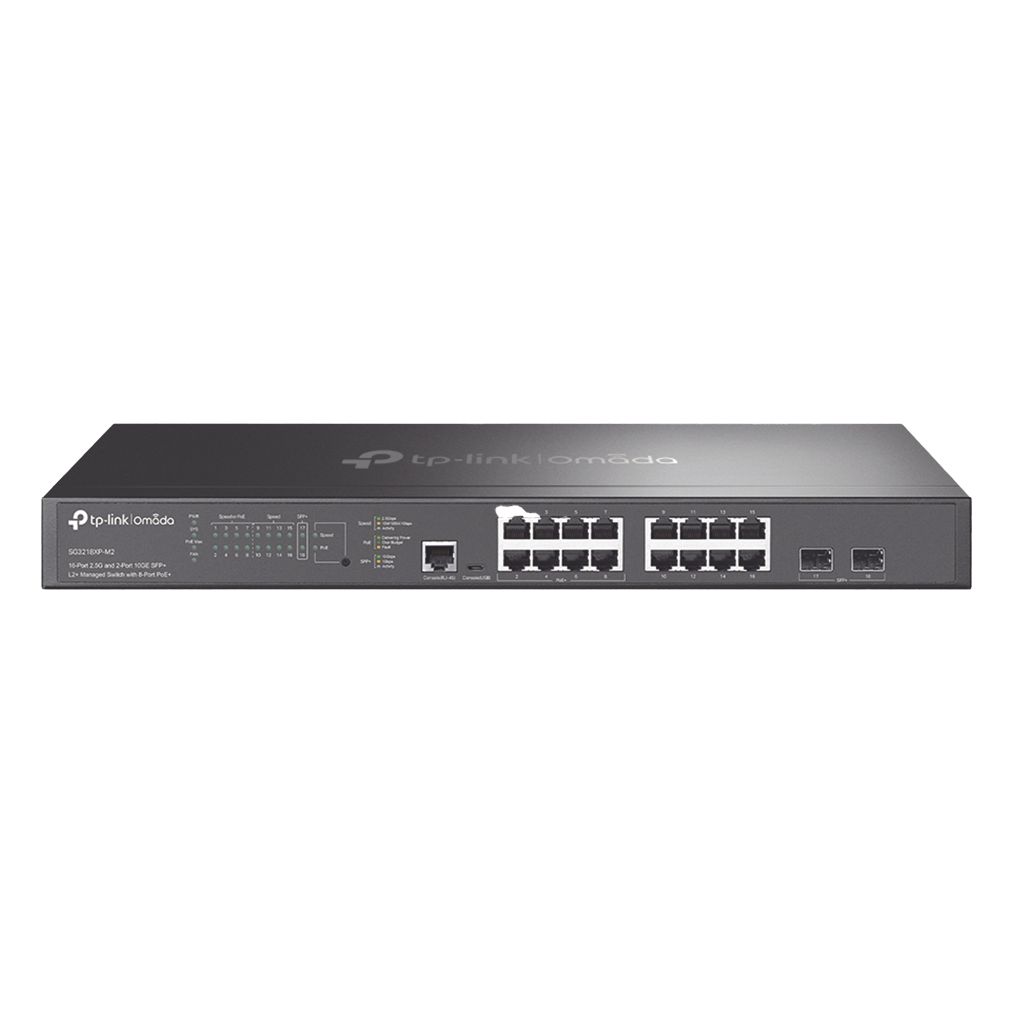 Switch L2+ PoE+ / 16 Puertos MultiGigabit 2.5G / 8 Puertos PoE+ 240W / 2 Puertos SFP+ 10G / 120 Gbps / Administración Centralizada — TP-LINK · SKU SG3218XPM2