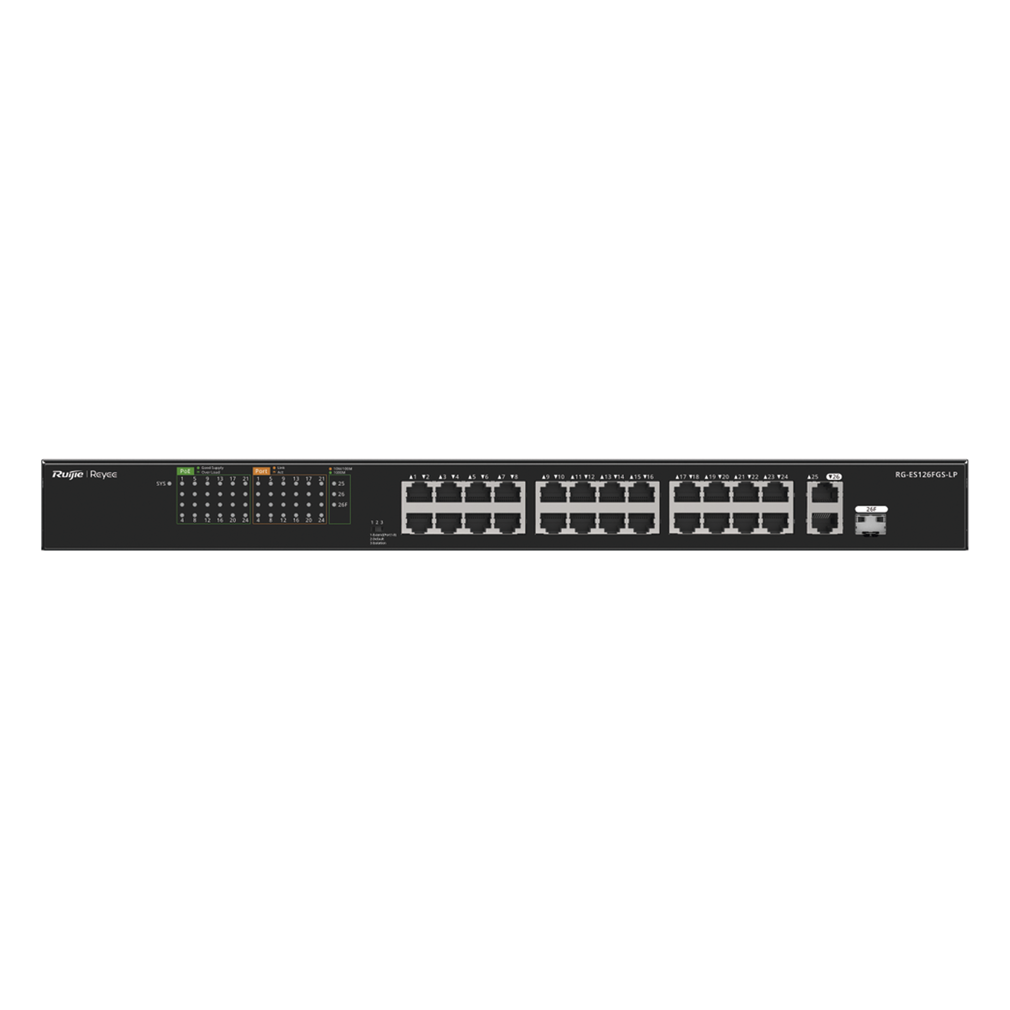 Switch PoE+ No Administrable / 24 Puertos 10/100 PoE+ / 2 Uplinks Gigabit / 1 SFP Combo / 180W / 8.8 Gbps / 1U — RUIJIE · SKU RG-ES126FGS-LP
