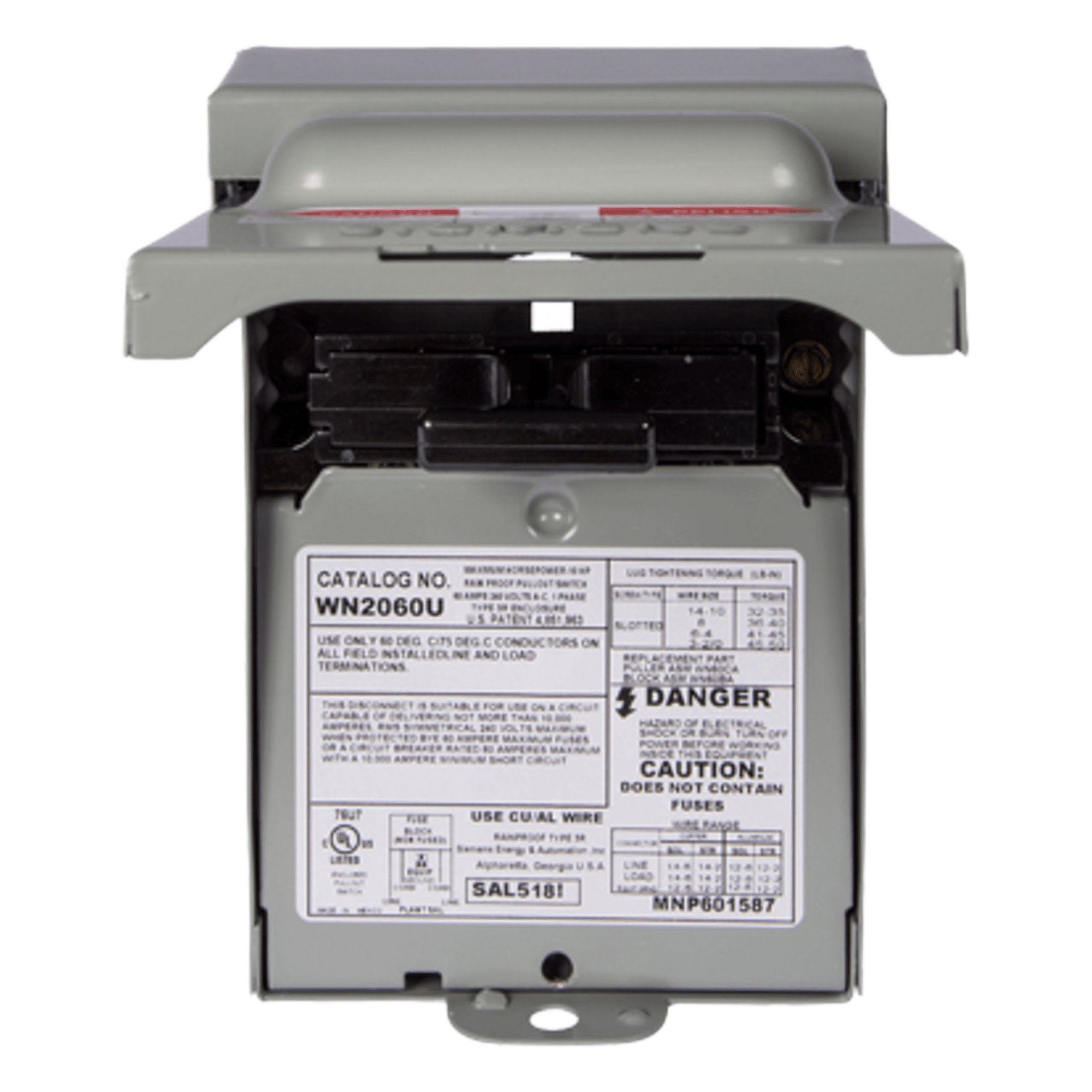 Interruptor de seguridad / 2 polos 60A / NEMA 3R exterior / 10kA / 240V / 9x12.2x17.9 pulg (0.23x0.31x0.45 m) — SIEMENS · SKU WN2060U