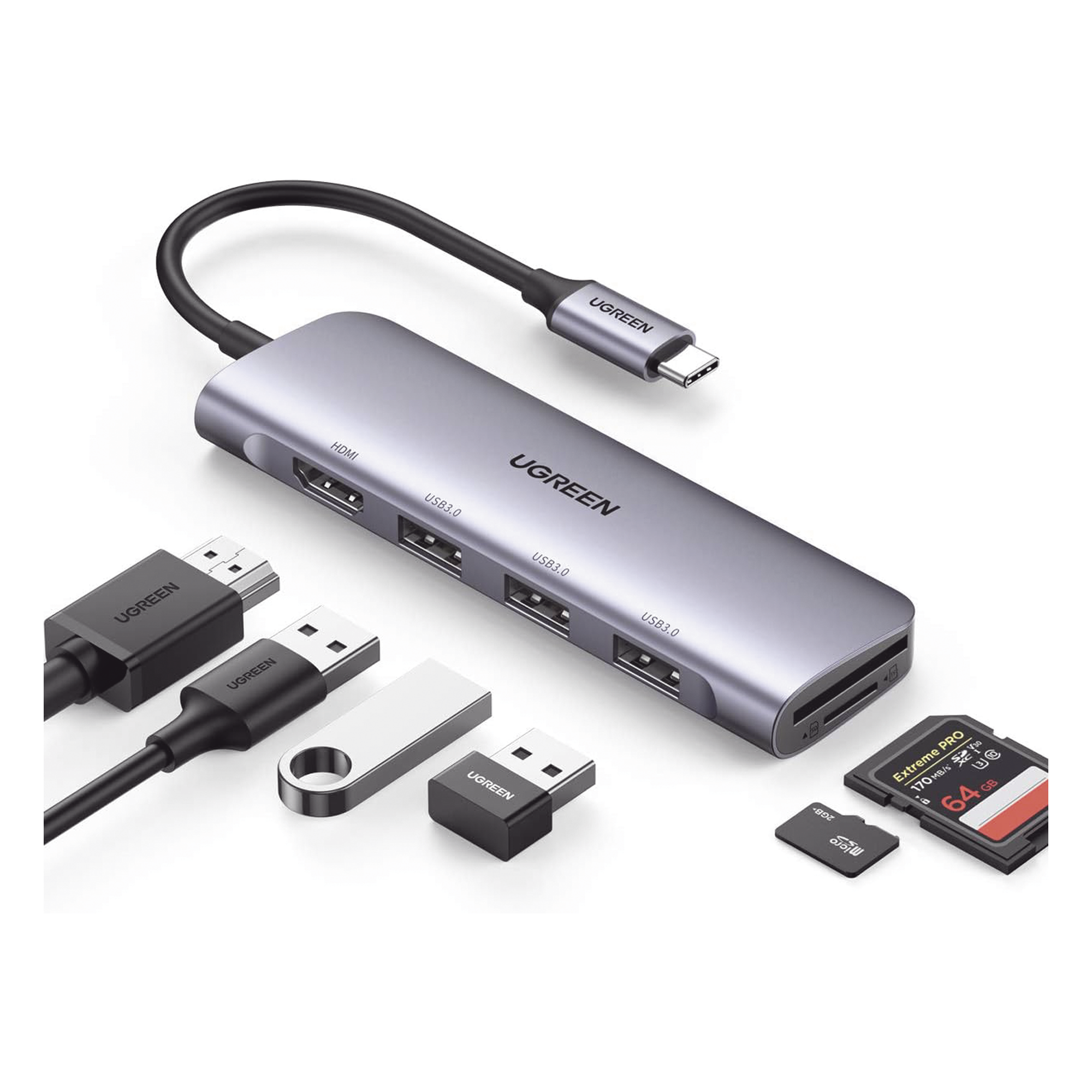 Docking Station USB-C / 6 en 1 / HDMI 4K@30Hz / 3 Puertos USB 3.0 / Lector SD + Micro SD / Aluminio — UGREEN · SKU 20956A
