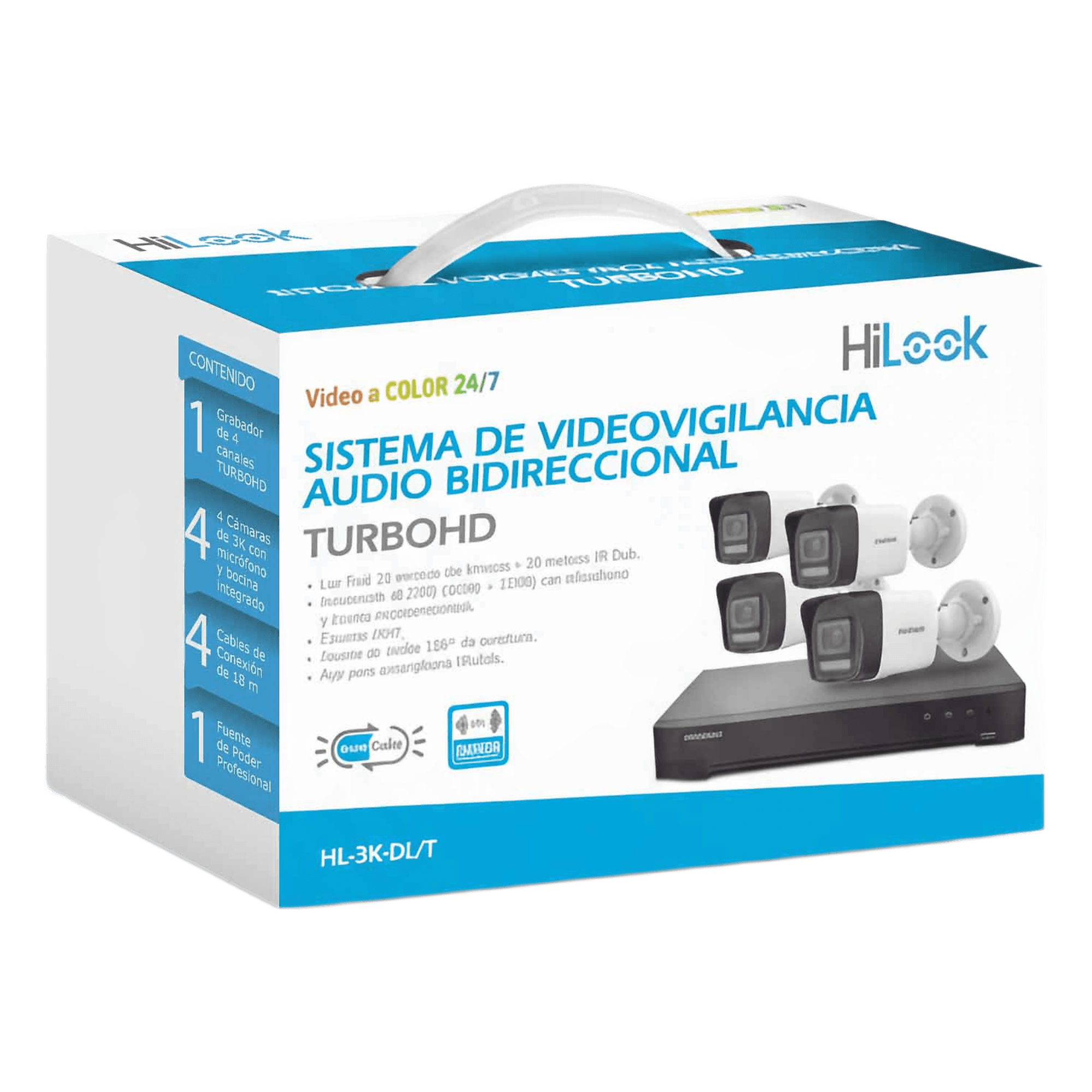 Kit TurboHD / 3K 5 Megapixel Lite / DVR 4 Canales / 4 Cámaras Bala Dual Light / Audio Bidireccional / IR 30 m (98.4 ft) / Cables 18 m (59.1 ft) — HiLook by HIKVISION · SKU HL-3K-DL/T