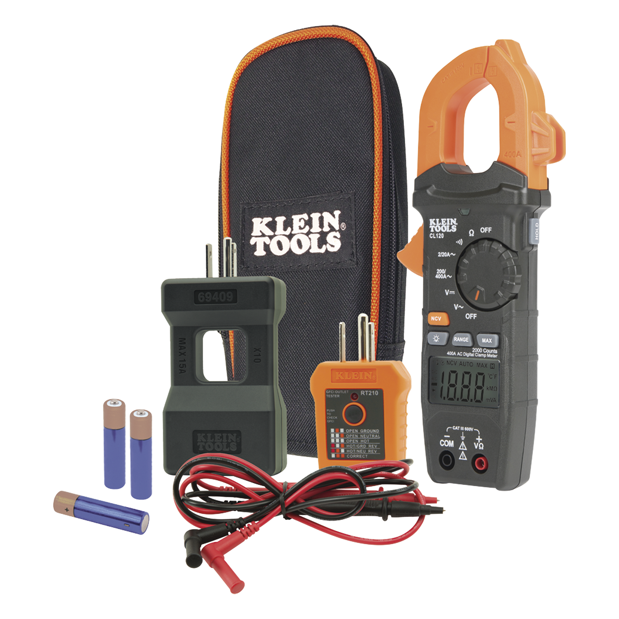 Amperímetro de Gancho / 400A CA / CAT III 600V / Probador de Fase / Divisor de Línea / Retroiluminado / 2 m (6.6 ft) de Protección ante Caídas — KLEIN TOOLS · SKU CL-120-KIT