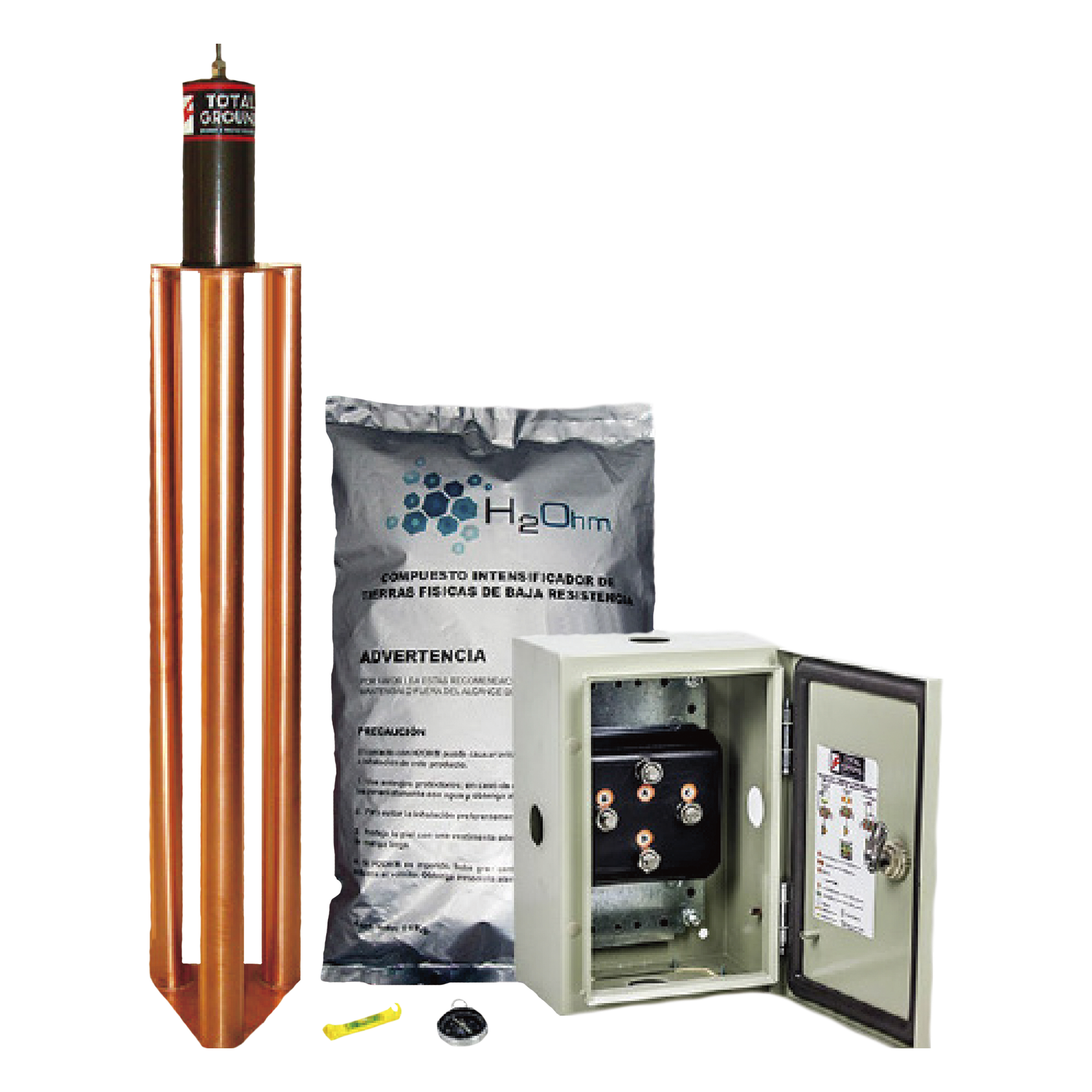 Kit de puesta a tierra / 100 A / Electrodo de cobre electrolítico / Acoplador 1500 A NEMA 4 / Filtro LCR / Compuesto mejorador — TOTAL GROUND · SKU TG-100K