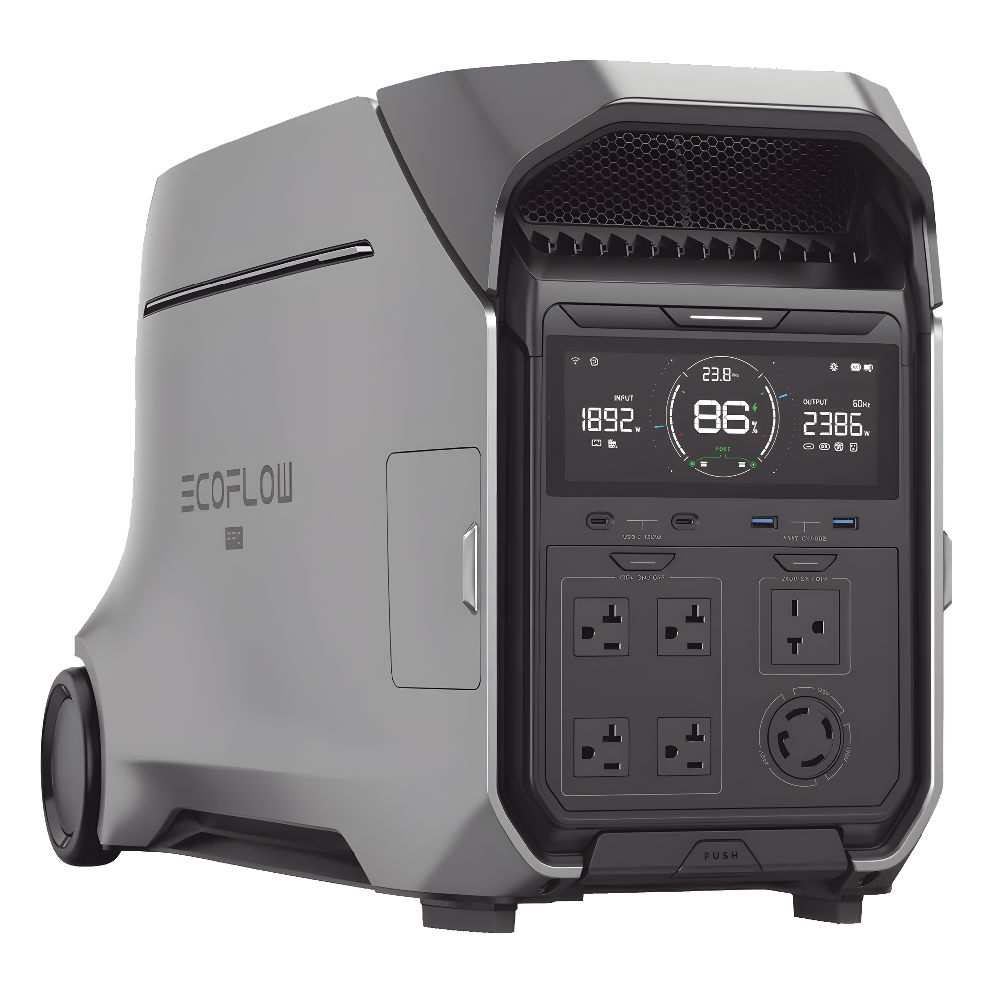 Estación de Energía Portátil / 3600 Wh LFP / 5 Salidas AC 3600 W (7200 W Pico) / 2 USB-C 100 W / Carga Solar 1600 W / Wi-Fi y Bluetooth — ECOFLOW · SKU EFD521