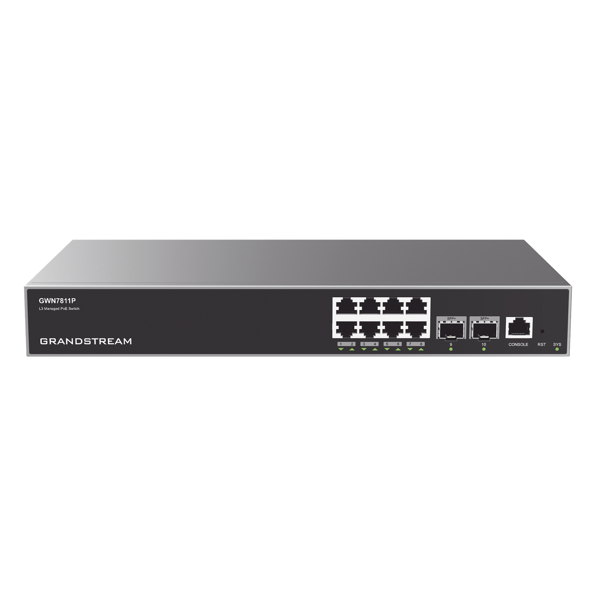 Switch Capa 3 PoE+ Administrable / 8 puertos Gigabit / 2 puertos SFP+ 10G / 120W / 394 pies — GRANDSTREAM · SKU GWN7811P