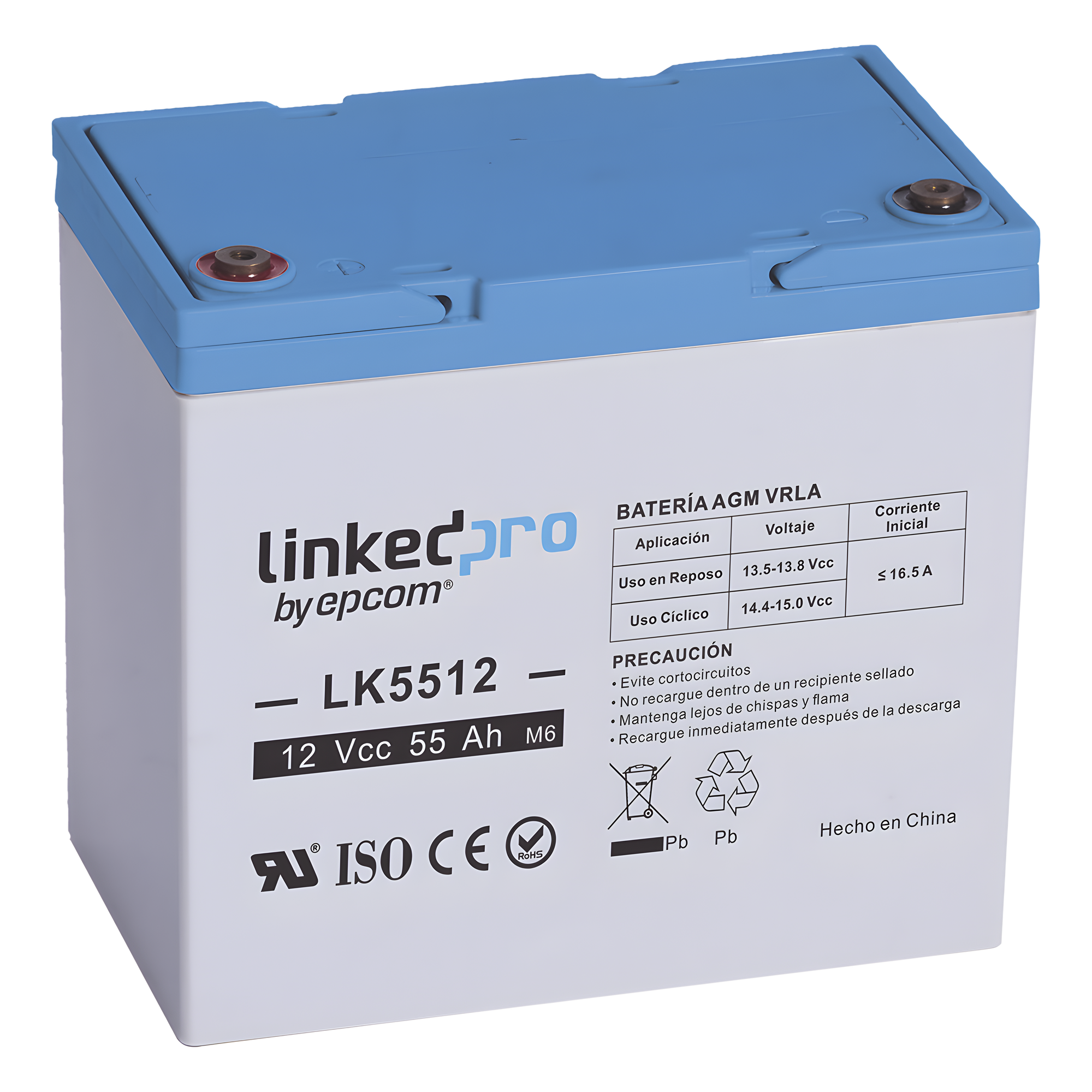 Batería de Respaldo AGM-VRLA / 12 V / 55 Ah / Vida Útil 5 Años / Terminales T2 / Certificación UL — LINKEDPRO BY EPCOM · SKU LK5512