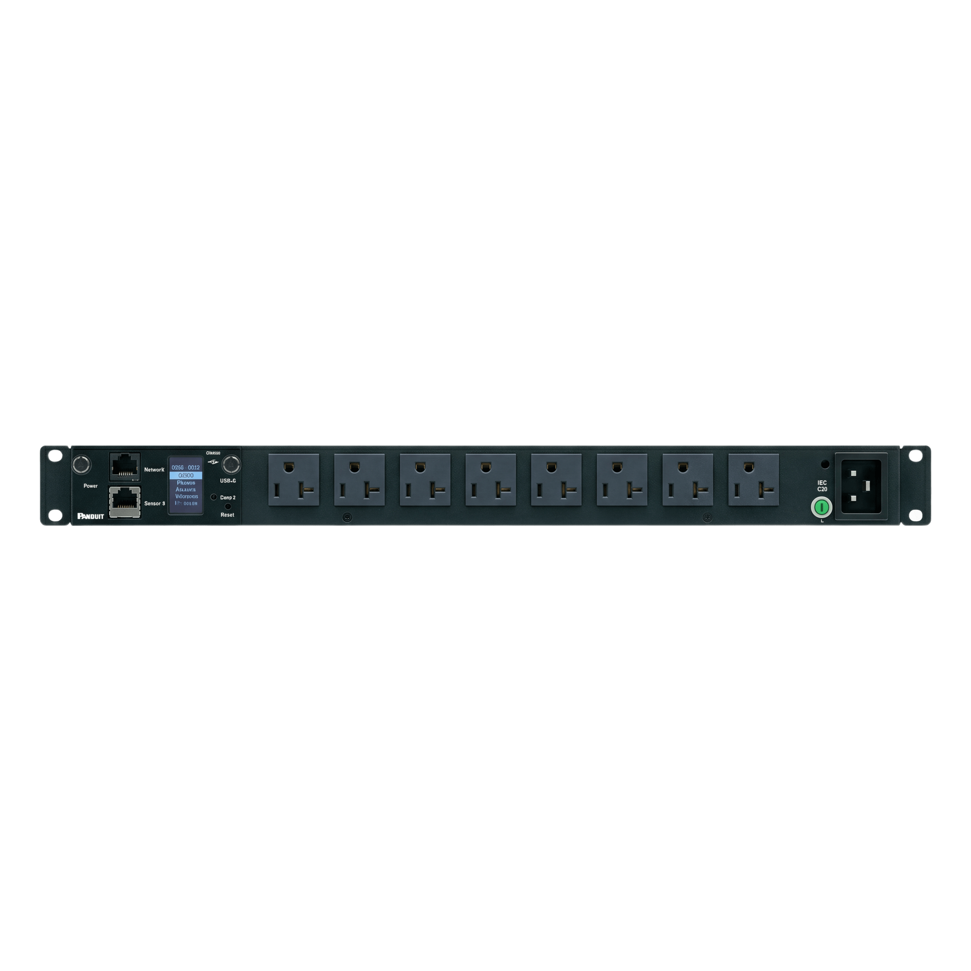 PDU Monitoreable / 8 Salidas NEMA 5-20R / Entrada NEMA 5-15P / Horizontal 1UR / 19 in / 120 Vca / 20 Amp