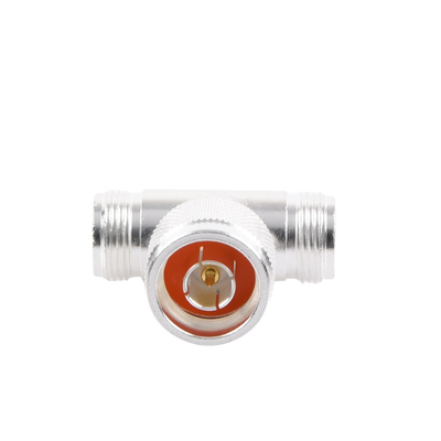 Adaptador en T, de Conector N Macho a Doble N Hembra, Plata/ Oro/ Teflón.