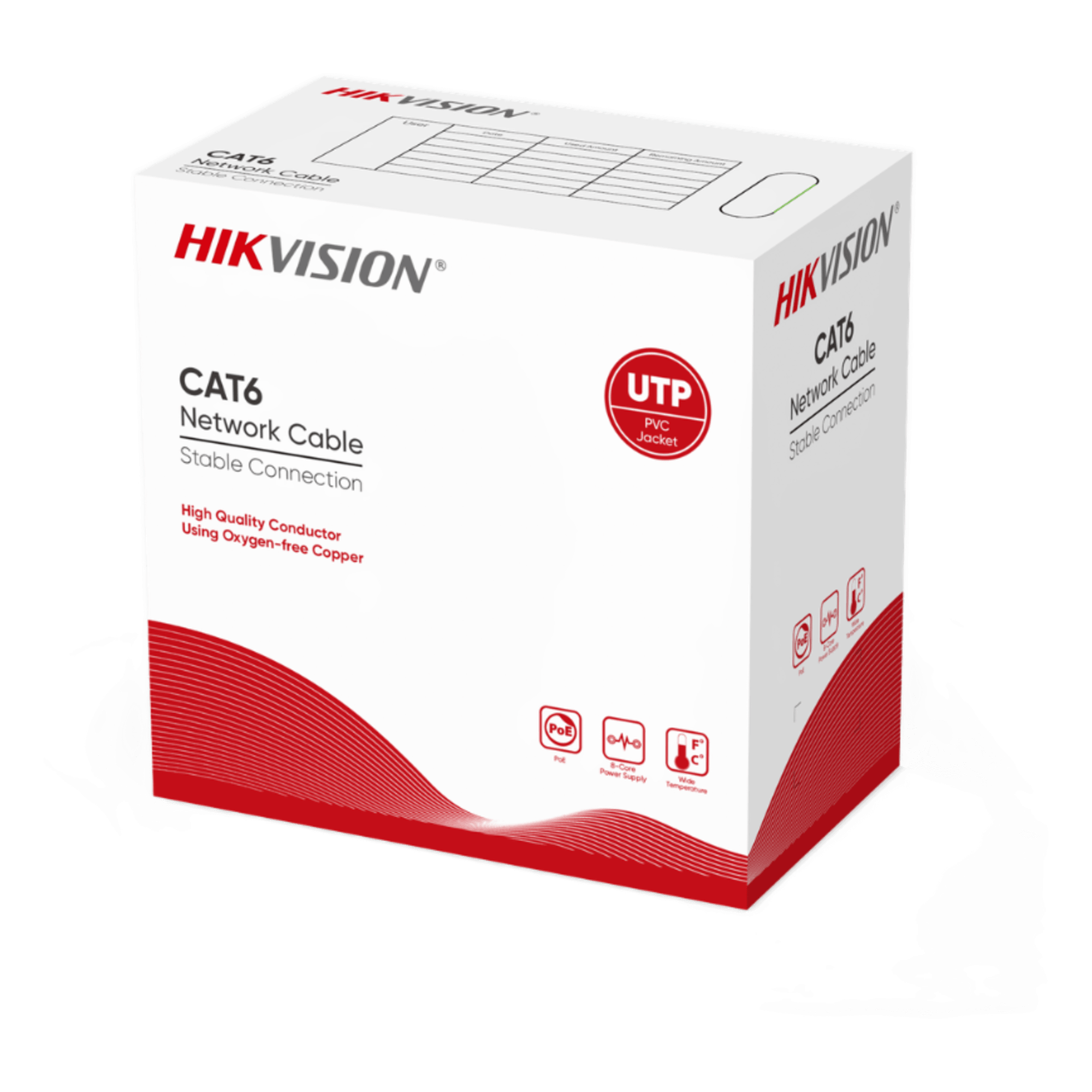 Bobina de Cable Cat 6 / 305 m (1000 pies) / 100% Cobre / 24 AWG / 250 MHz / PVC / Interior — HIKVISION · SKU DS-1LN6UZC0B