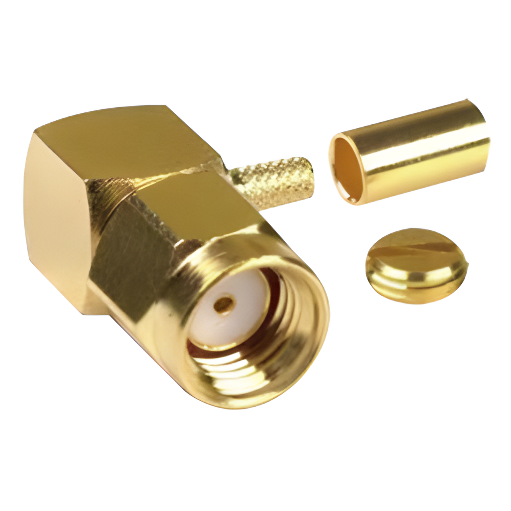 Conector Coaxial SMA Macho Inverso / Ángulo Recto / Anillo Plegable / Compatibilidad RG-174/U y Belden 8216 / Cuerpo Bronce con Recubrimiento de Oro / Aislante Teflón — RF INDUSTRIES,LTD · SKU RP-3010-1B