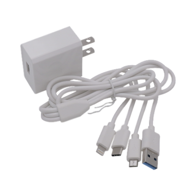 Cargador de pared USB de 5 Vcc 2A / Multi-puertos / USB-C / Micro USB / Tipo C / Lightning (iPhone) / Extensión de cable 1.2 metros