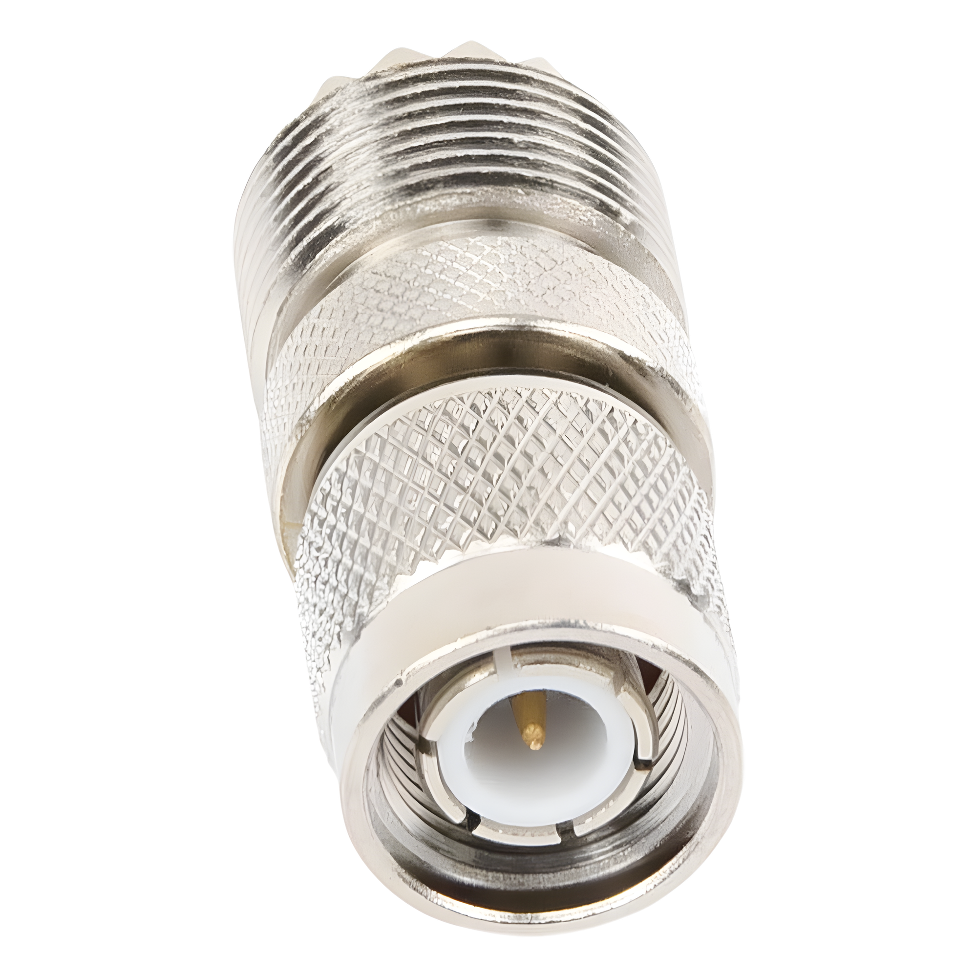 Adaptador de Conector RF / TNC Macho a UHF Hembra SO-239 / Montaje en Línea / Cuerpo Bronce Niquelado / Contacto Oro / Aislante Teflón