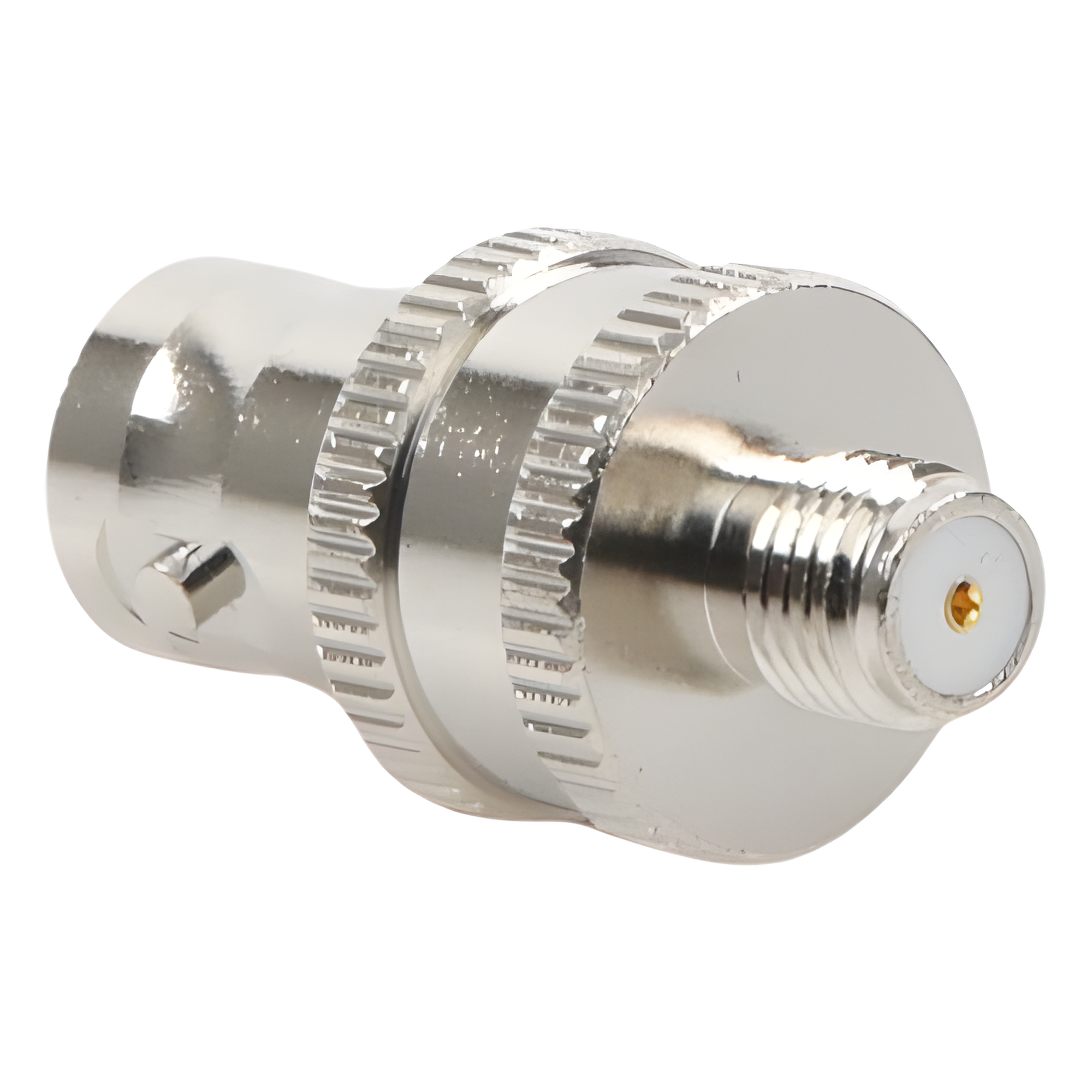 Adaptador RF Coaxial / BNC Hembra a SMA Hembra / Montaje en Línea / Cuerpo Niquelado / Contacto Oro / Aislante Teflón