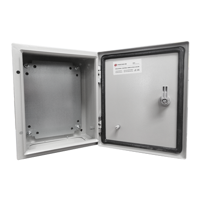 Gabinete de Acero IP66 Uso en Intemperie (400 x 400 x 200 mm) con Placa Trasera Interior de Metal y Compuerta Inferior Atornillable (Incluye Chapa y Llave T).