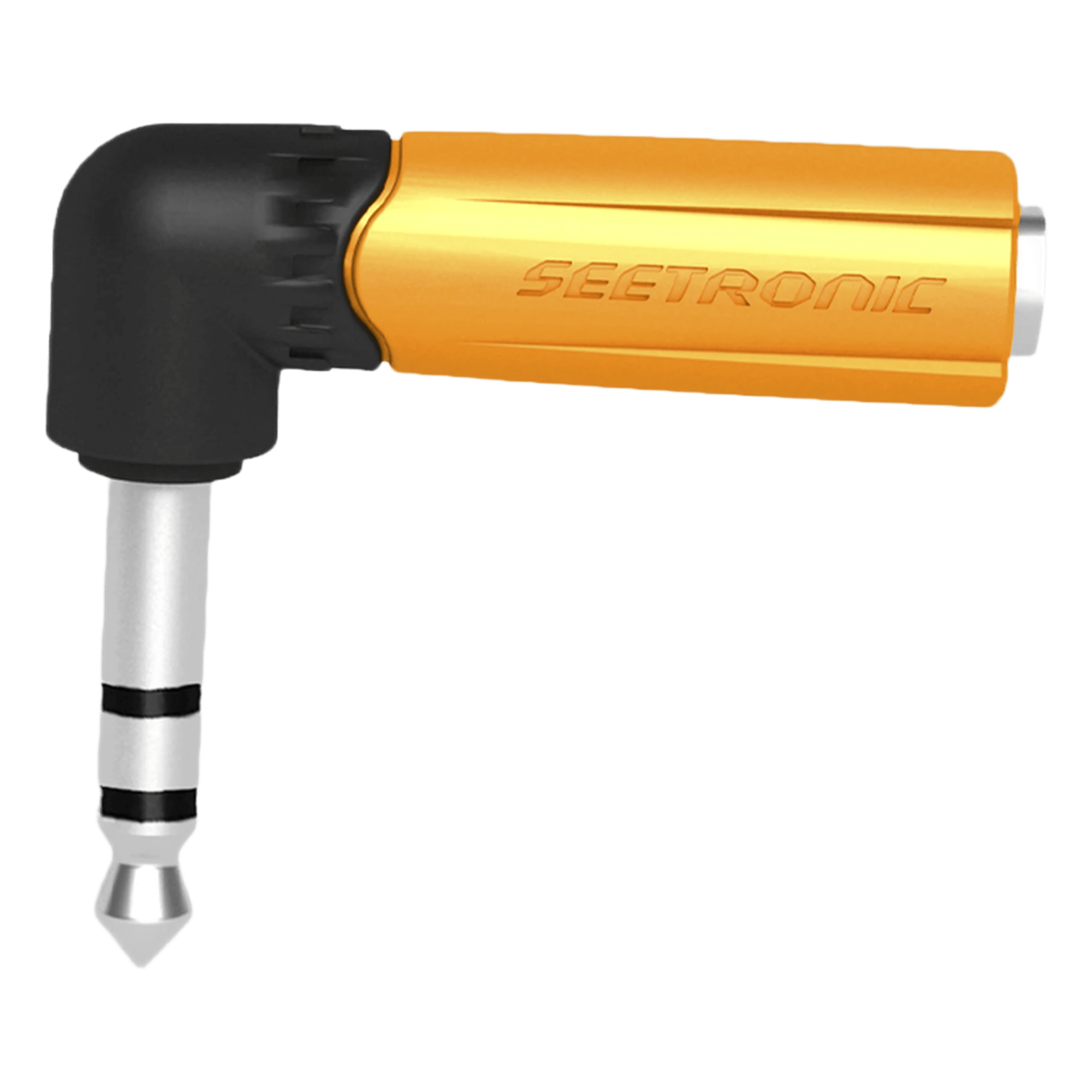 Adaptador de Audio Estéreo / Jack 1/4in a 1/4in / Ángulo Recto / Carcasa Plástica — SEETRONIC · SKU MP3-PM-R
