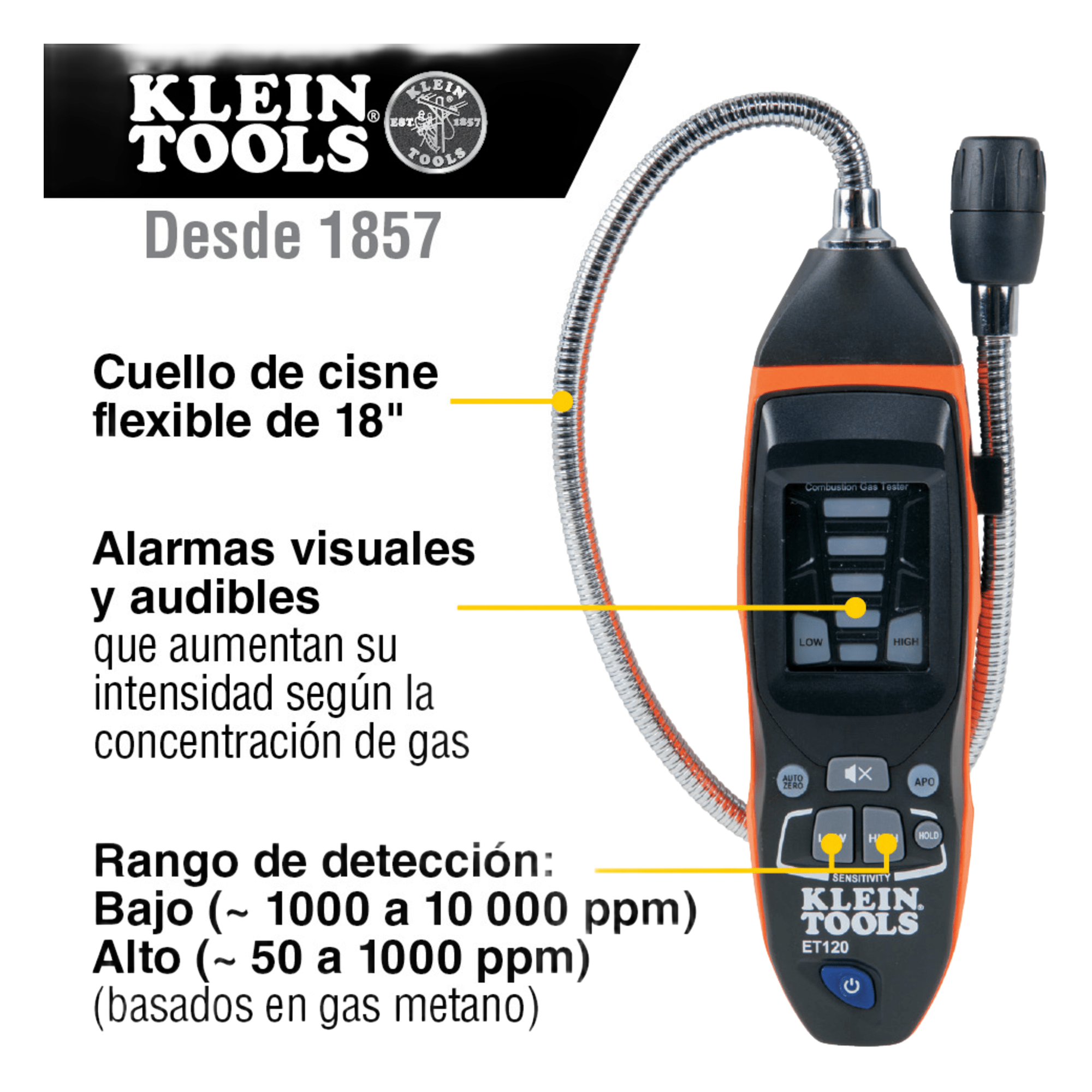 Detector de Fugas de Gas Combustible / 50-10,000 ppm / Sensor Electroquímico / Cuello Flexible 18'' (1.5 ft) / Alarma 85 dB — KLEIN TOOLS · SKU ET-120