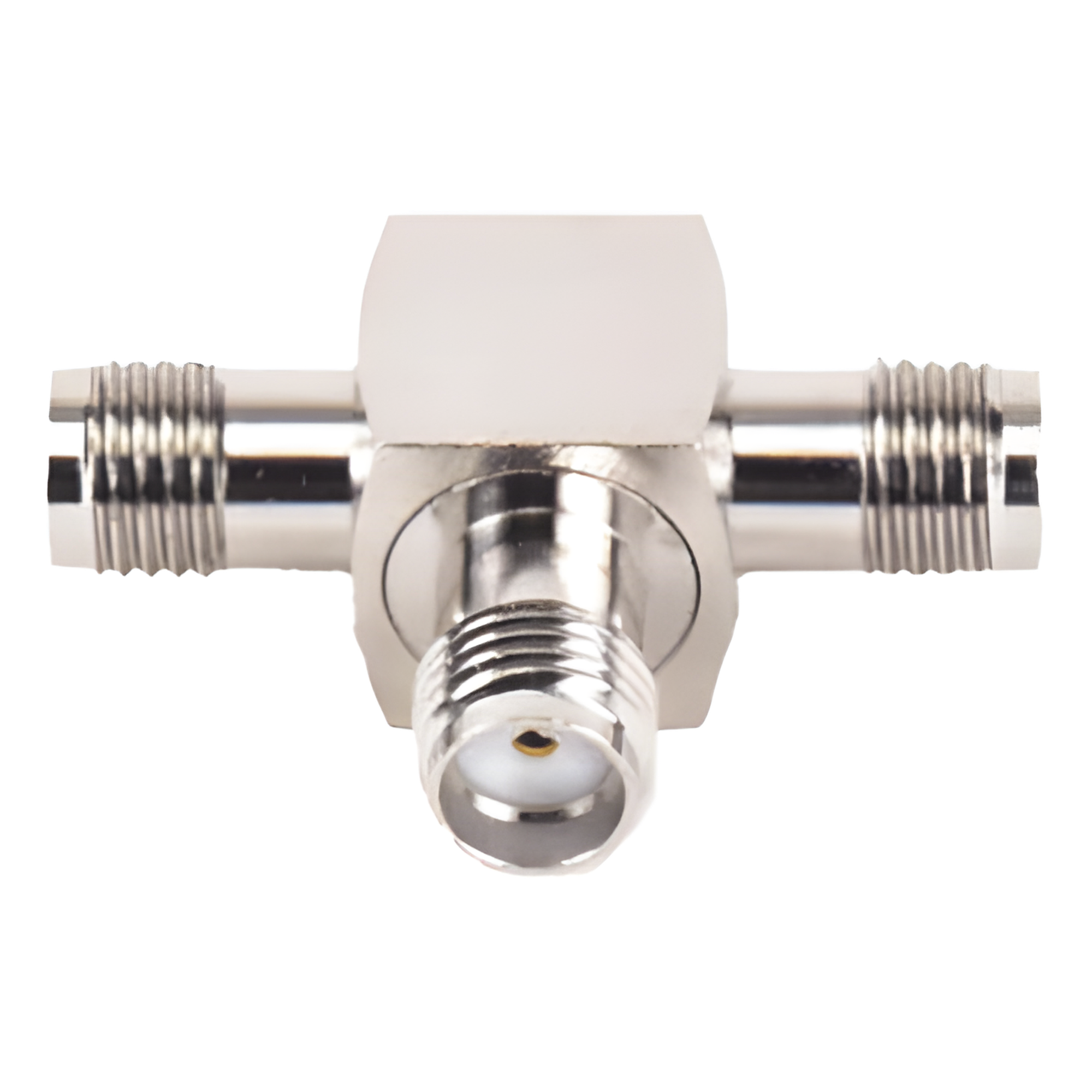 Adaptador RF en T / Triple Conector SMA Hembra / Frecuencia 18 GHz / Cuerpo Bronce Niquelado / Aislante Teflón — RF INDUSTRIES,LTD · SKU RSA-3401