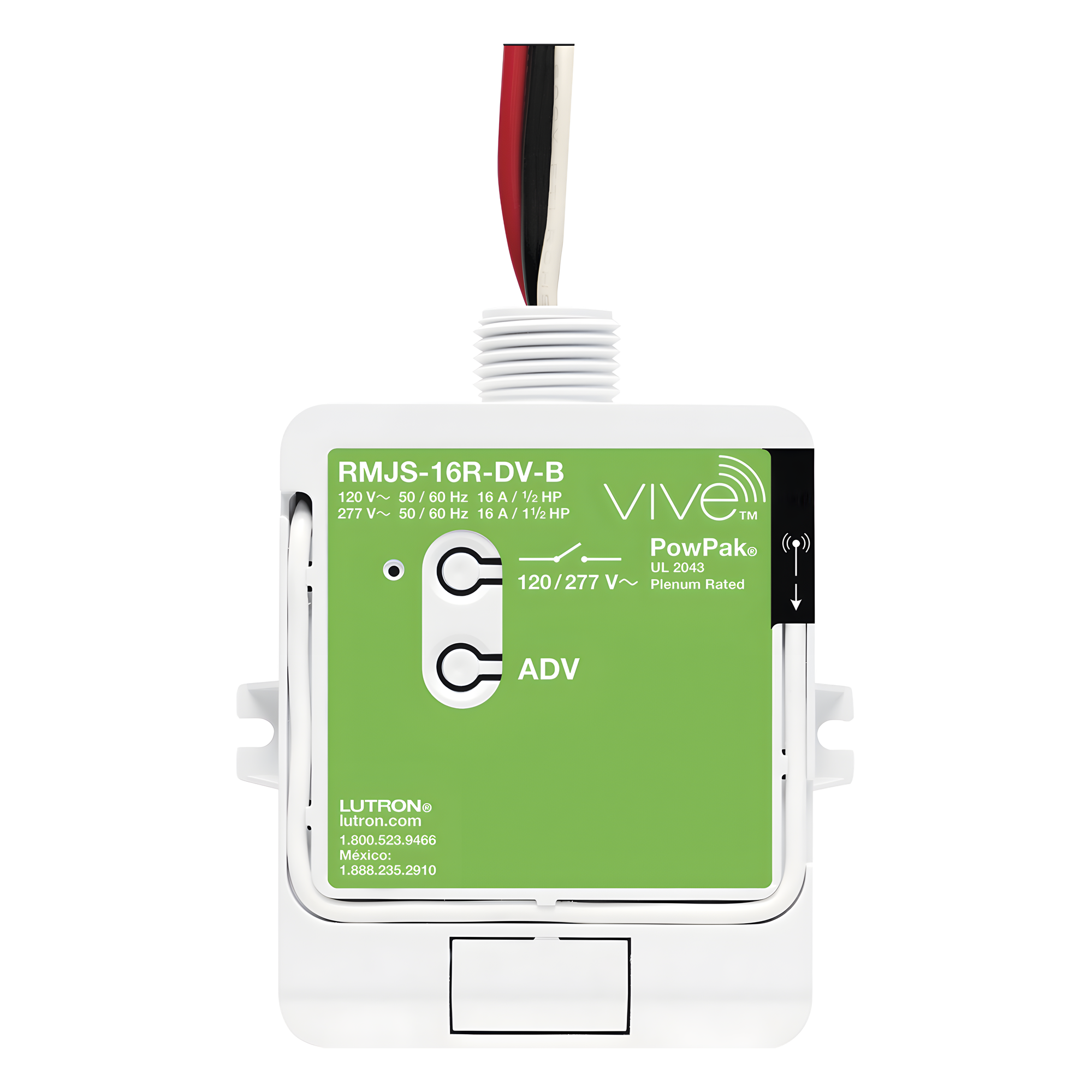 Módulo de relevador inalámbrico PowPak con Softswitch para cargas de iluminación de propósito general, 16 A, 120/277 V, Clear Connect RF, compatible con hub Vive — LUTRON ELECTRONICS · SKU RMJS16RDVB
