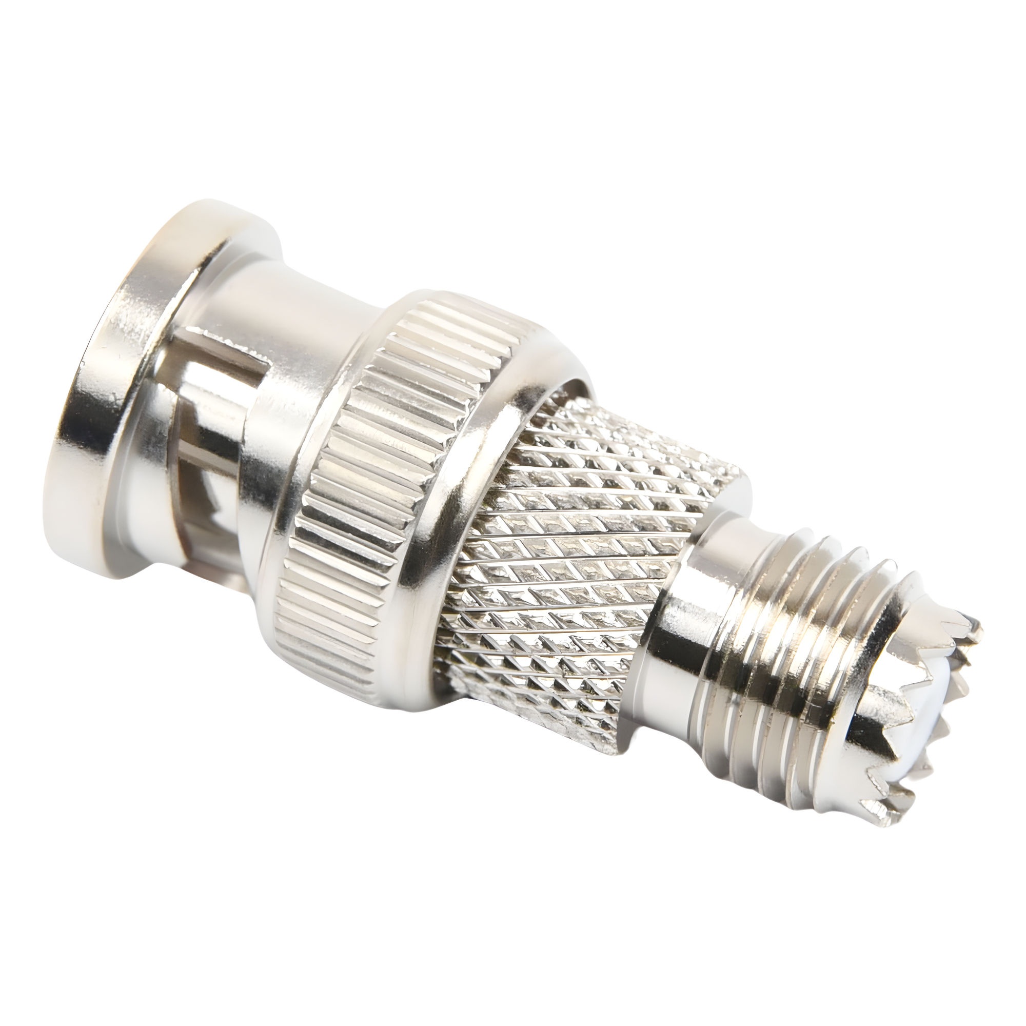 Adaptador RF / Mini-UHF Hembra a BNC Macho / Montaje en Línea / 50 Ohm / Bronce Niquelado / Aislante de Teflón