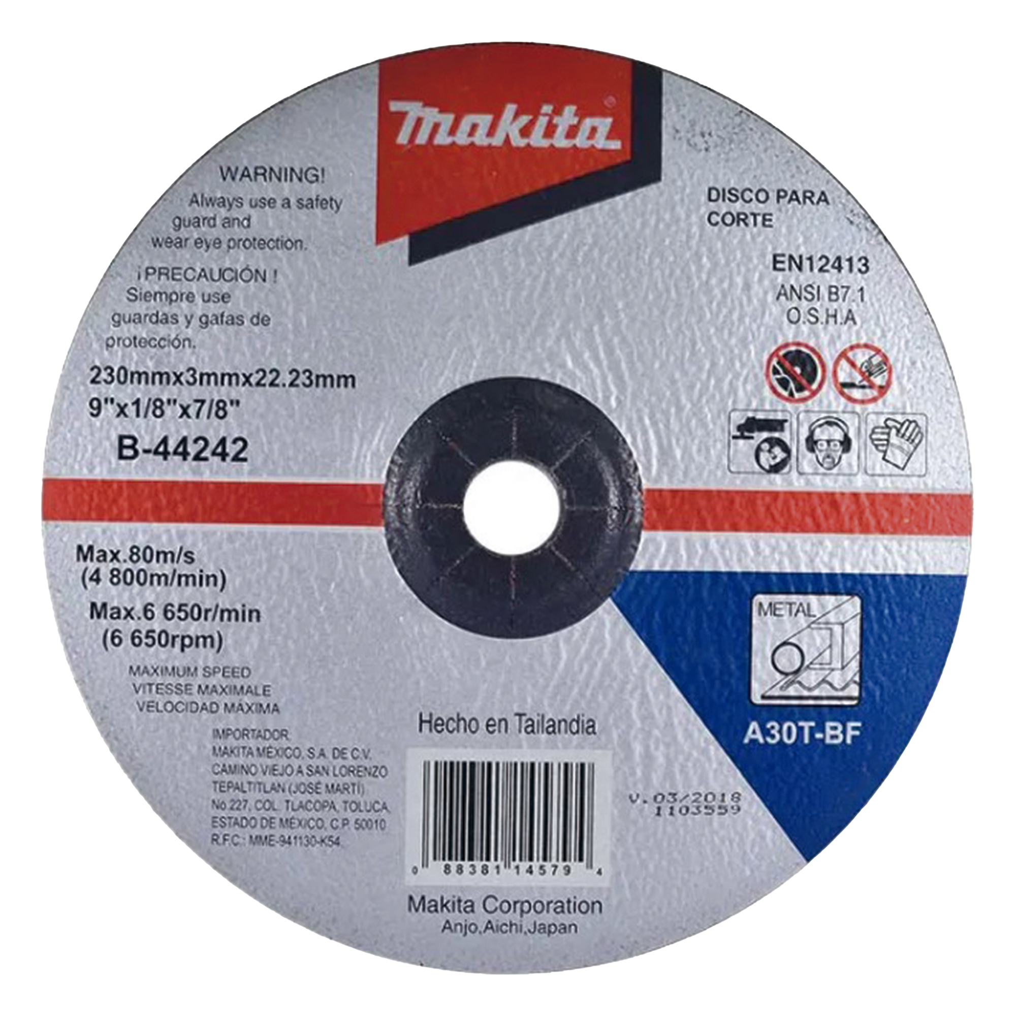 Disco de Corte para Metal / 9" (228.6 mm) / Espesor 1/8" (3.175 mm) / Grano de Aluminio Fundido / Eje 22.23 mm / Uso General — MAKITA · SKU B-44242