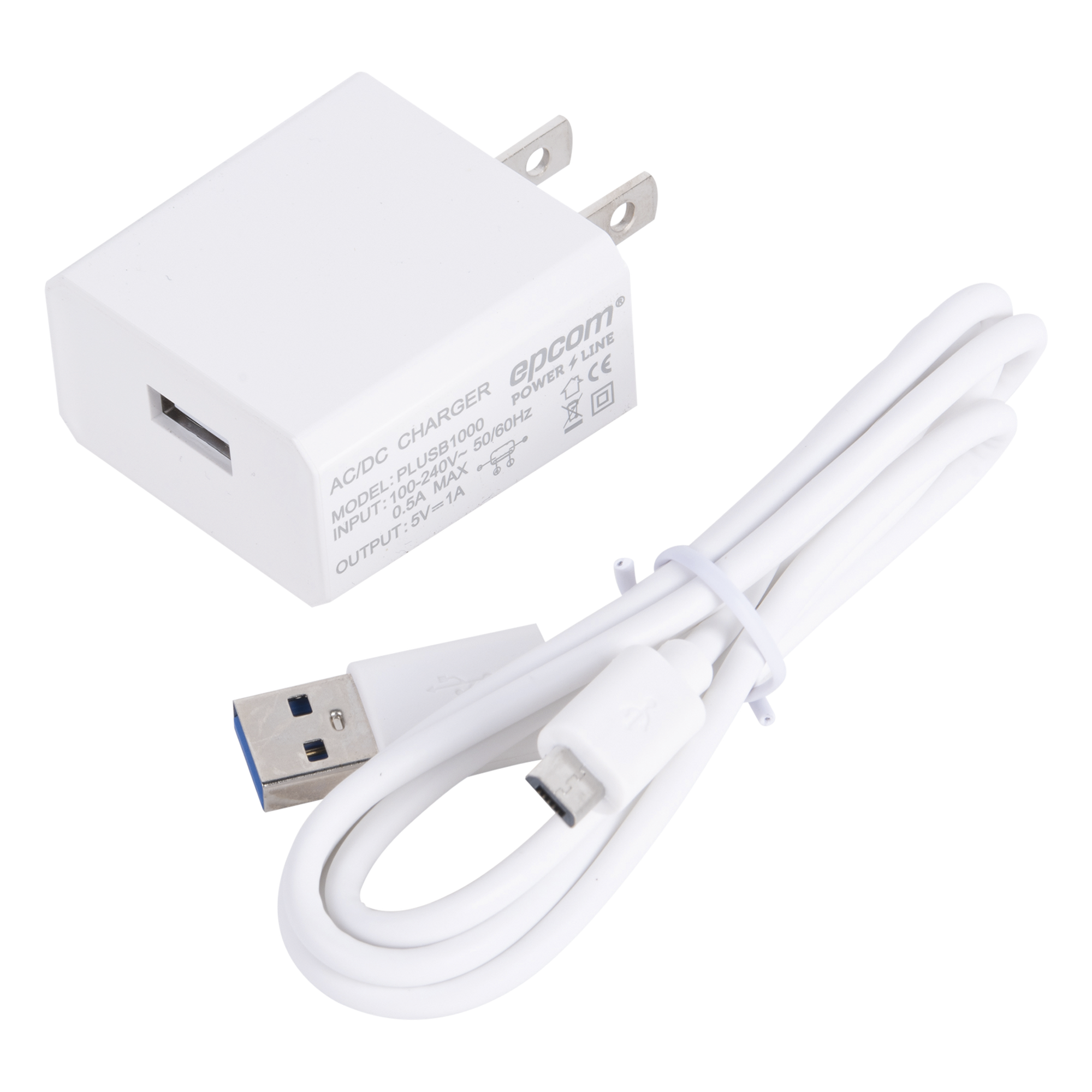 Cargador Micro-USB Profesional / 5 VCC / 1 A / Entrada 100-240 VCA / 1.94 x 1.67 x 0.96 in — EPCOM POWERLINE · SKU PLUSB1000V