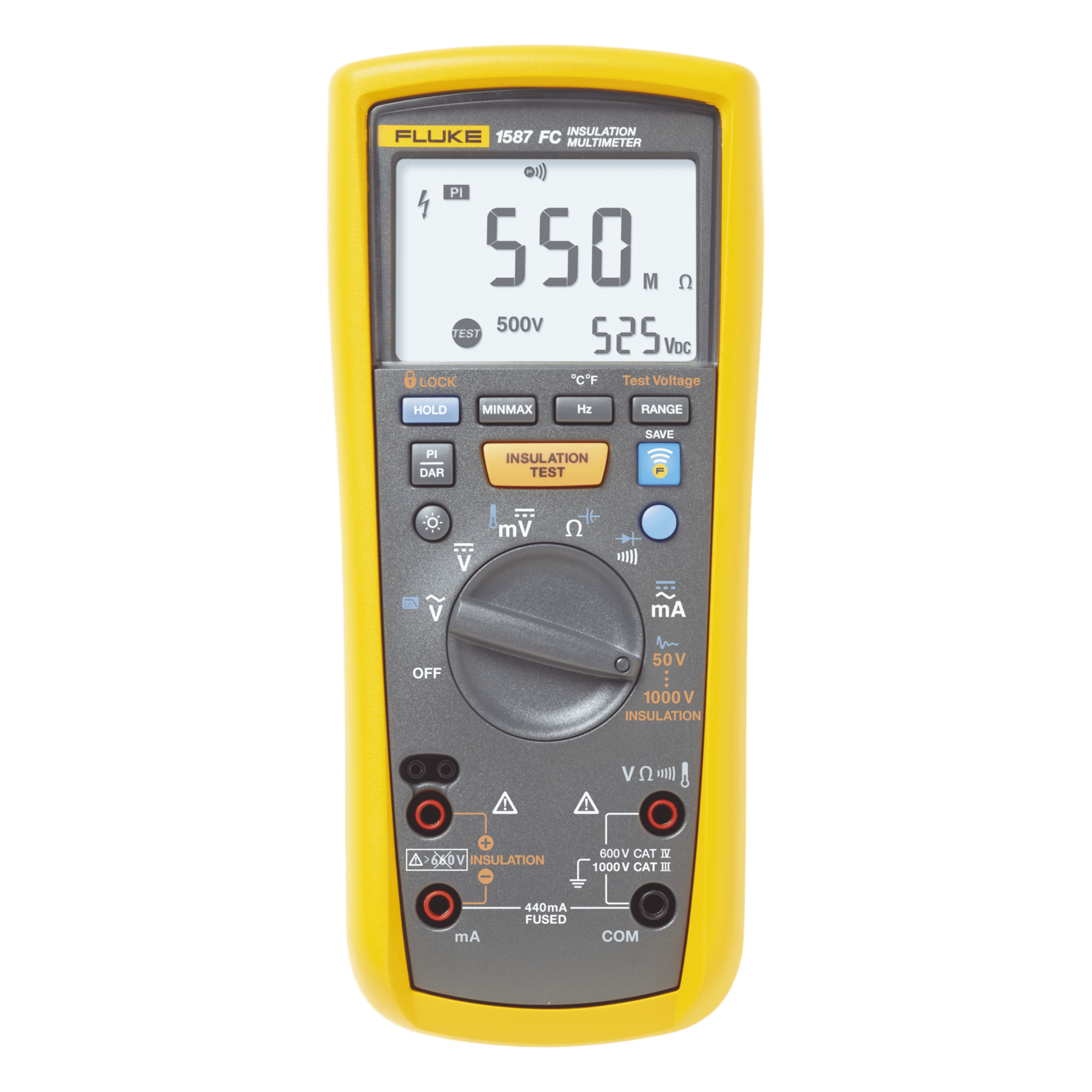 Multímetro de Aislamiento / 0.01 MΩ - 2 GΩ / Prueba 50V - 1000V / True RMS / Detección Automática 600V CA/CC / Memoria Integrada / Compatible con App de Conectividad — FLUKE · SKU FLUKE-1587FC/MXBR