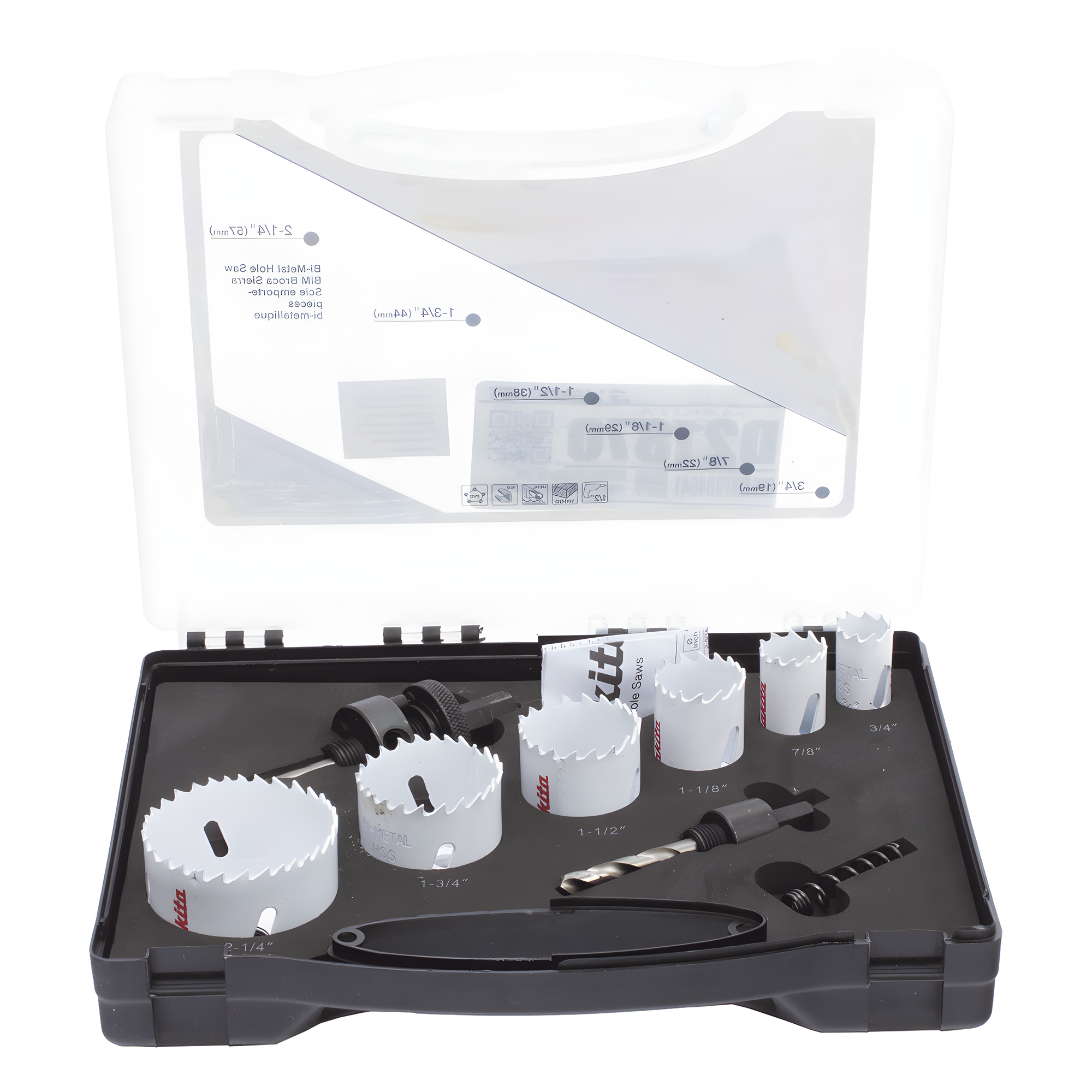 Kit de Broca Sierra / 6 Piezas Bi-Metal / Diámetro Máximo 2-1/4 in / Dientes Paso Variable / 2 Adaptadores / Resorte de Expulsión — MAKITA · SKU D-21870