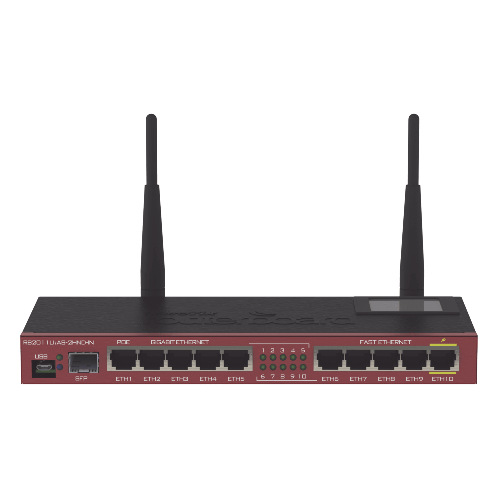 Router Board, 10 Puertos Ethernet, 1 Puerto SFP, Wi-Fi de Gran Cobertura 2.4 GHz Antenas de 4 dBi, hasta 1 Watt de potencia — MIKROTIK · SKU RB2011UIAS-2HND-IN