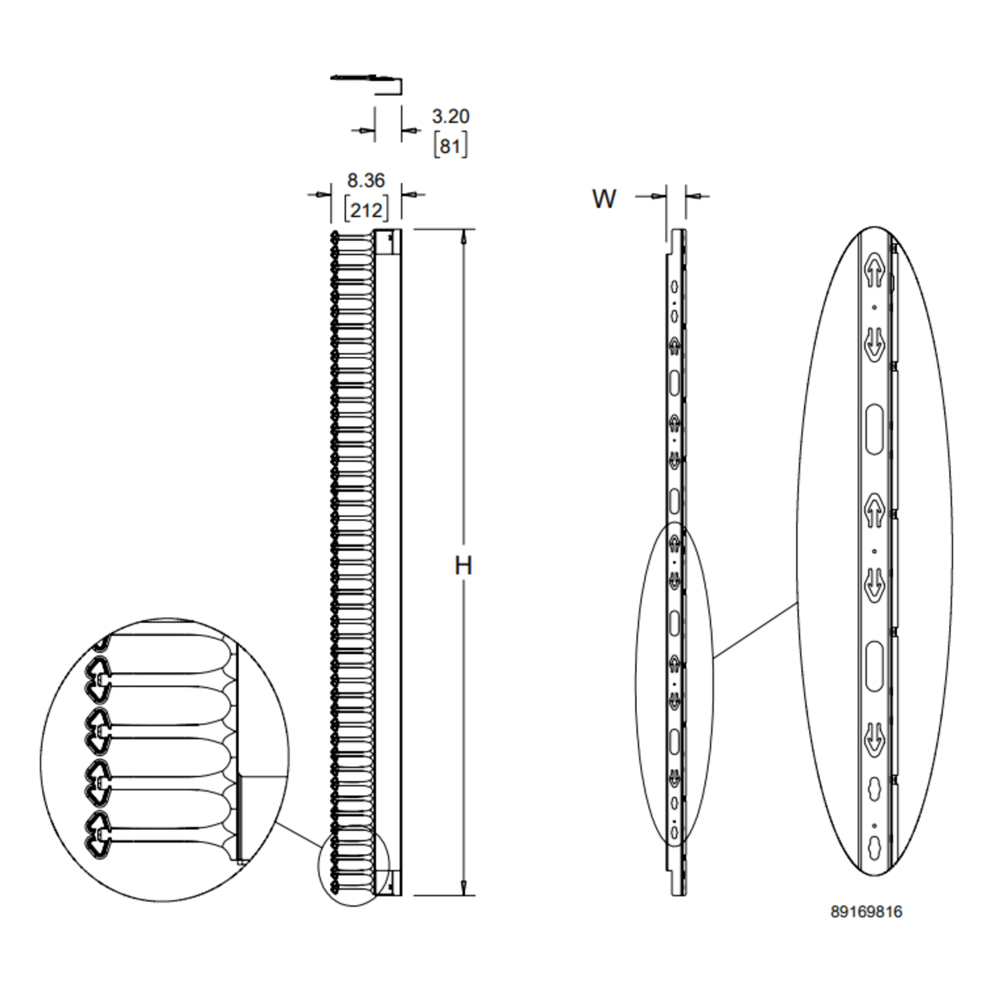 Organizador Vertical de Cables / 45 UR / 2 m (6.6 ft) / 726 Cables / RAL 9005 / Dedos 1.75 pulg / 95x208 mm