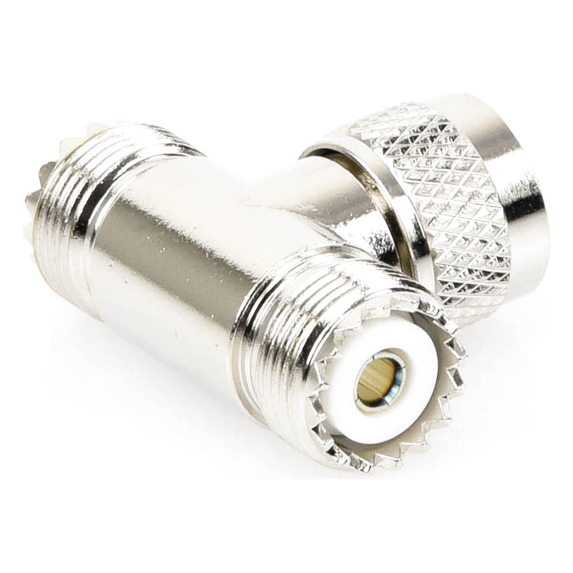 Adaptador RF en T / UHF Macho PL-259 a Doble UHF Hembra SO-239 / 50 Ohm / Níquel-Plata / Delrin